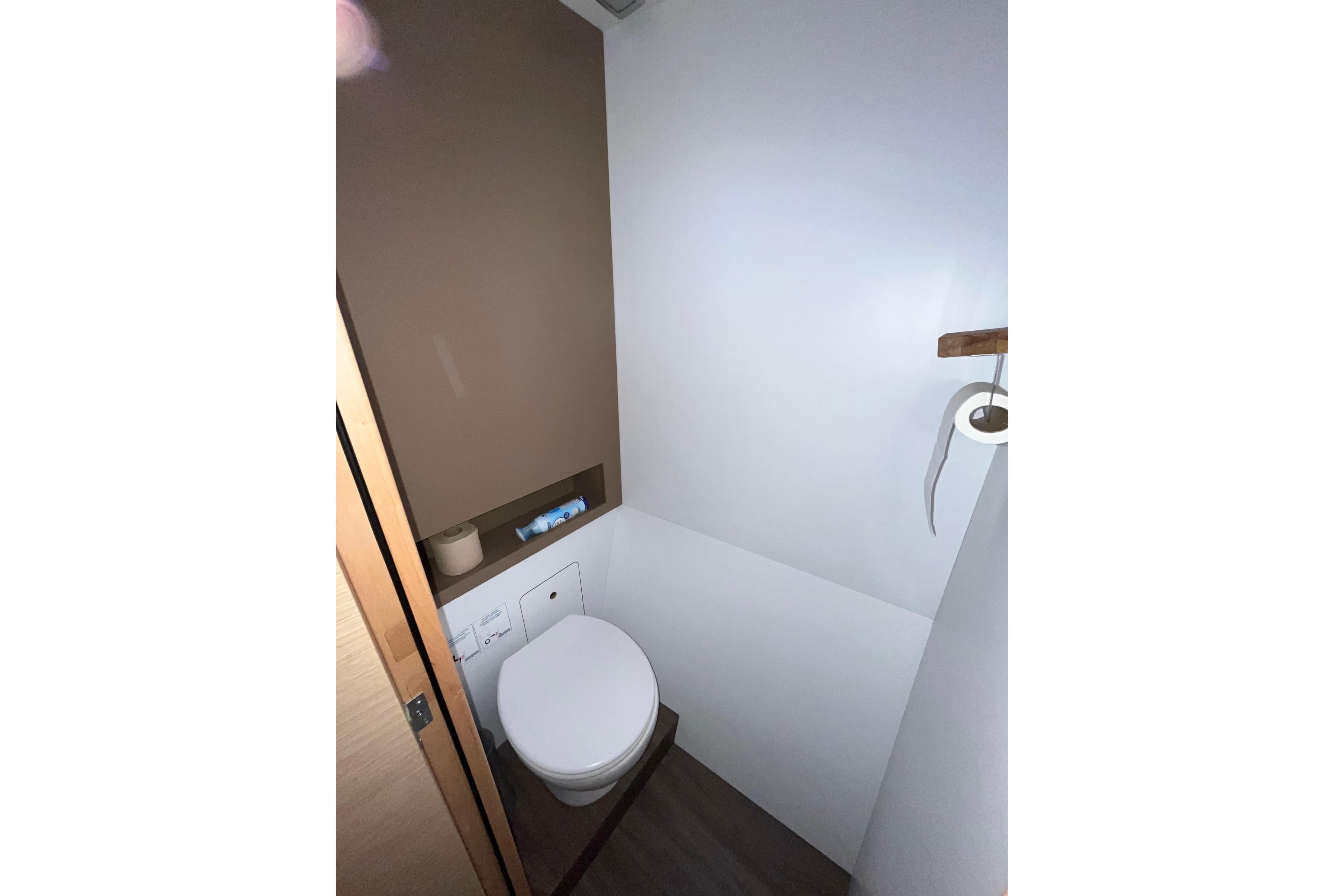 Bathroom interior of 2017 Fountaine Pajot Lucia 40 catamaran, featuring modern fixtures.