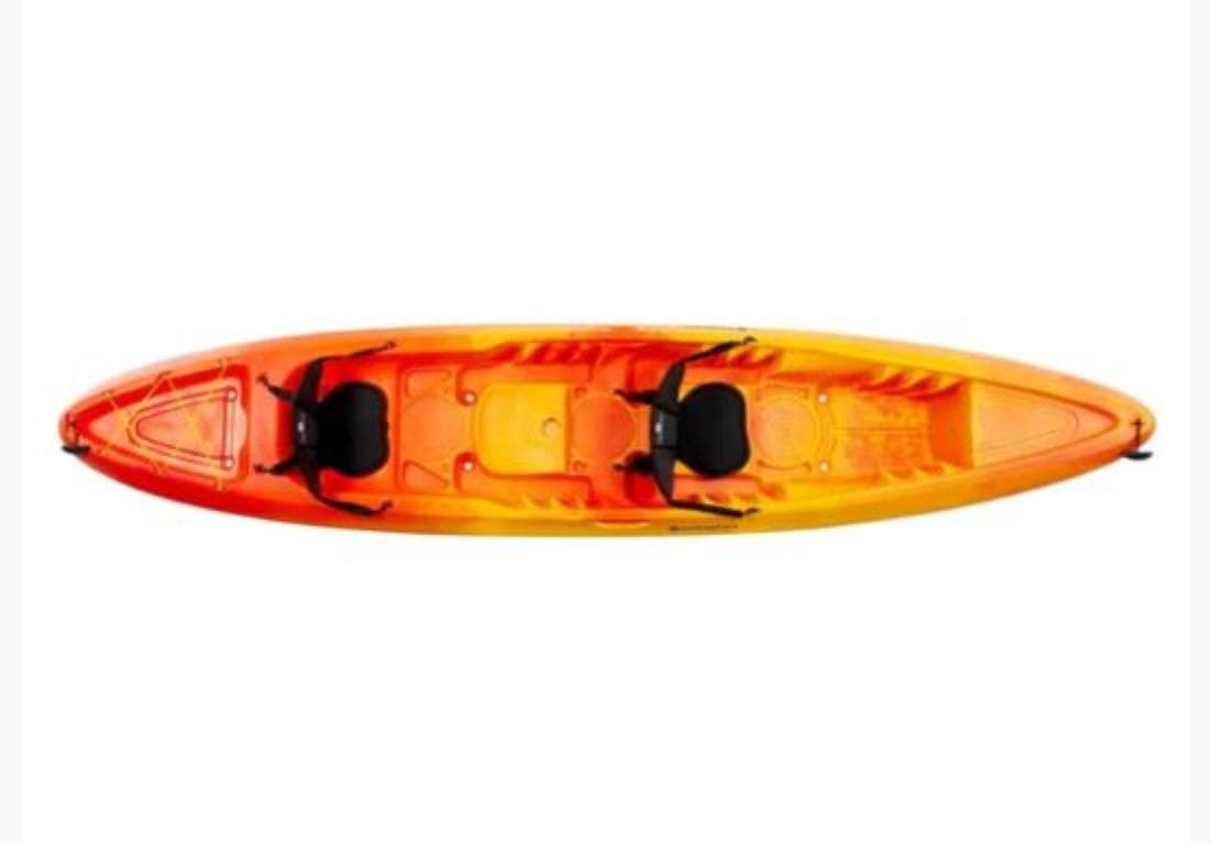 2023 Perception Kayaks Rambler 13.5 tandem kayak, orange and yellow.