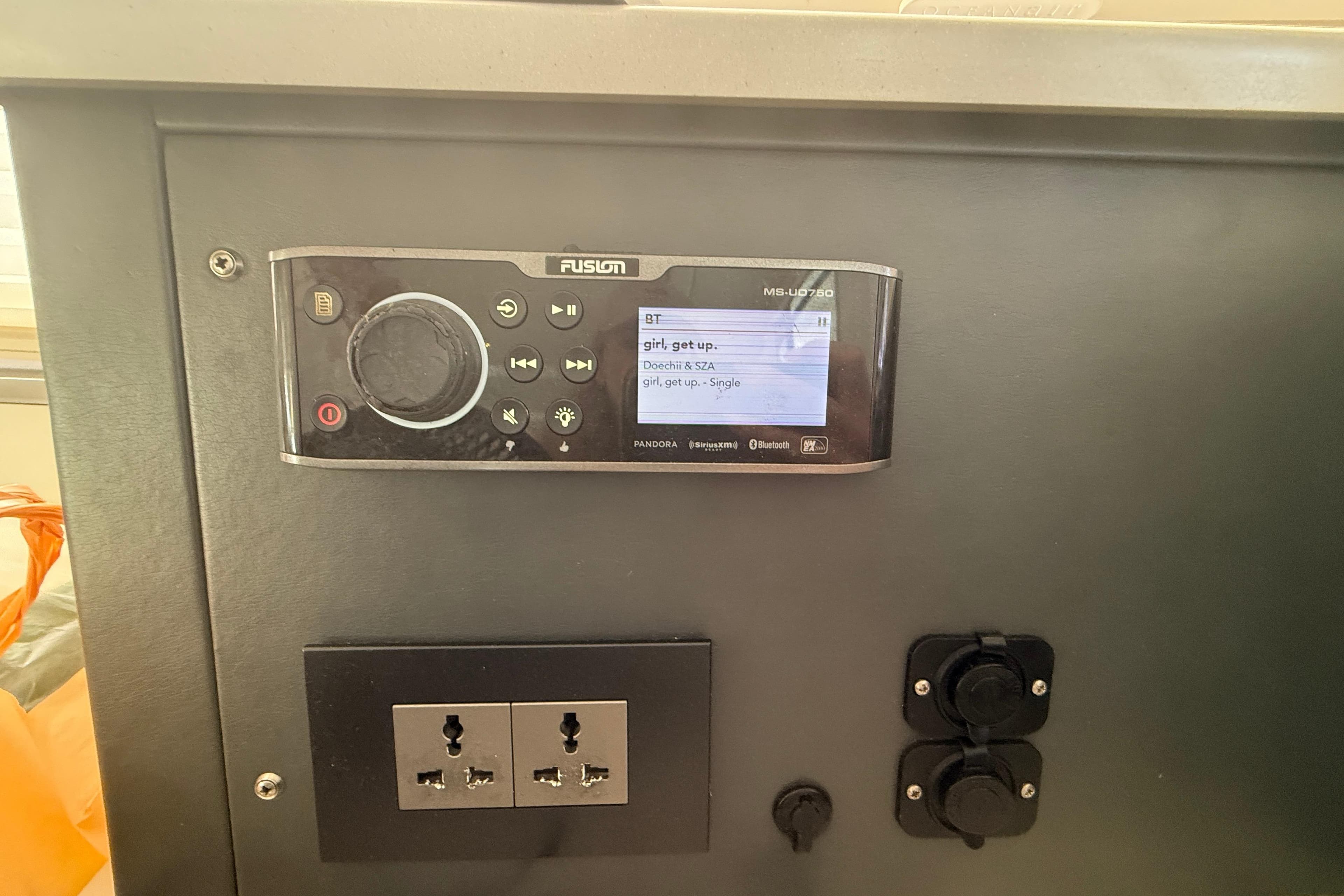 Fusion MS-UD750 stereo system on 2019 Leopard 51 Powercat yacht dashboard.