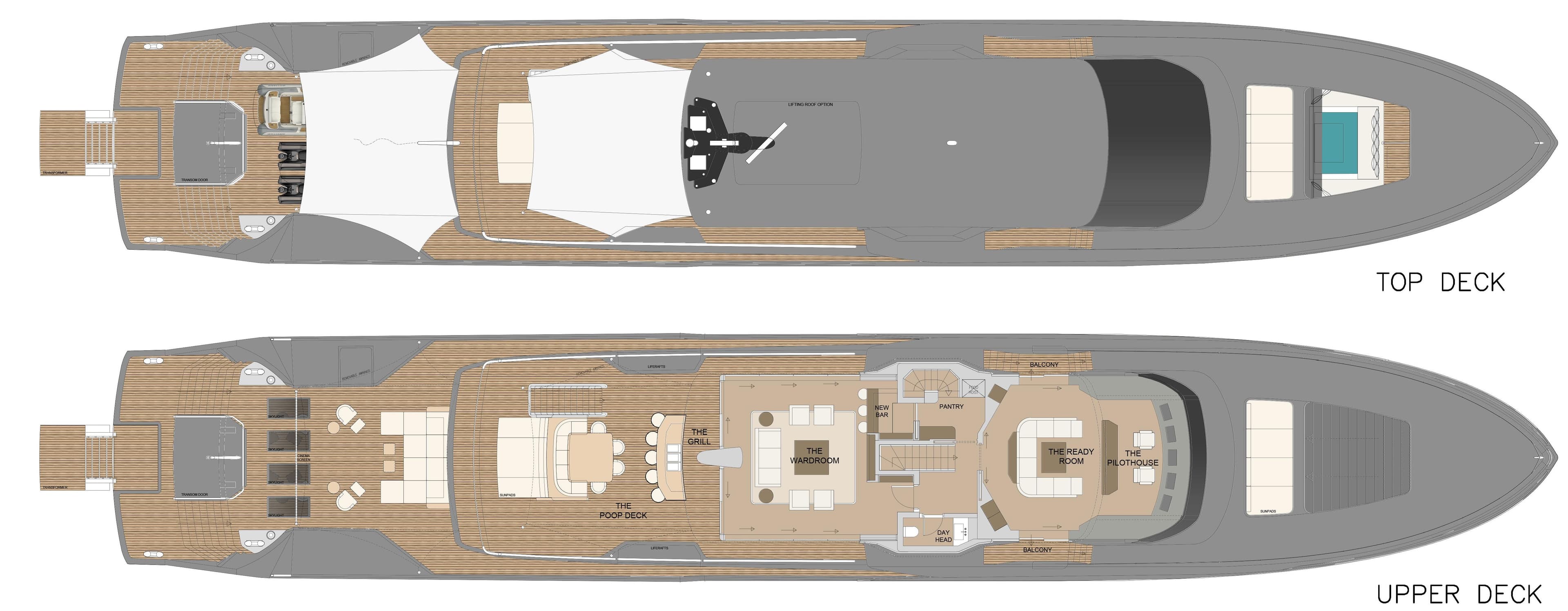 Custom ARES SPITFIRE 2027 yacht layout, showcasing top and upper deck designs.