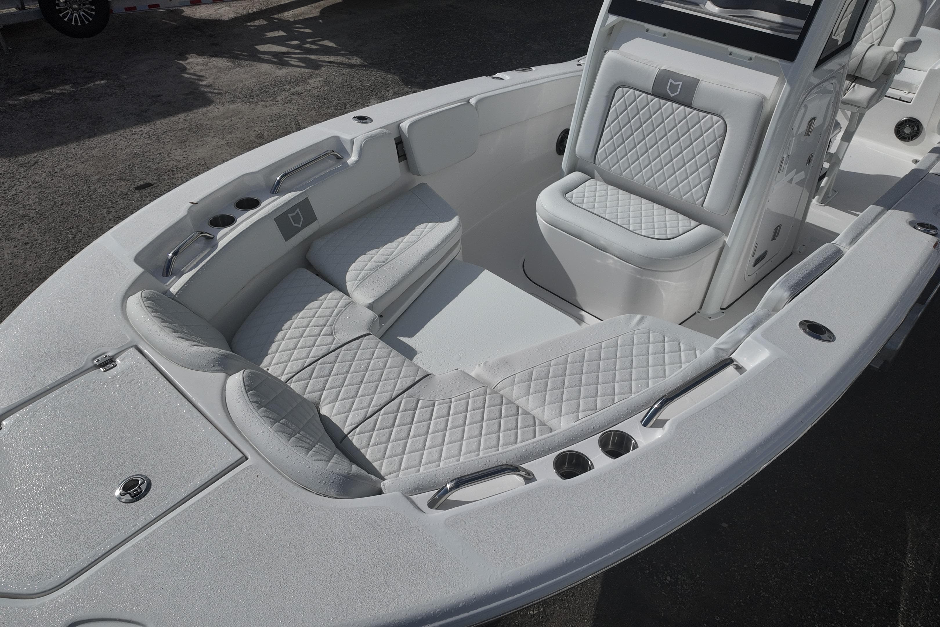 2026 Sea Fox 248 Commander boat interior with cushioned seating and sleek design.