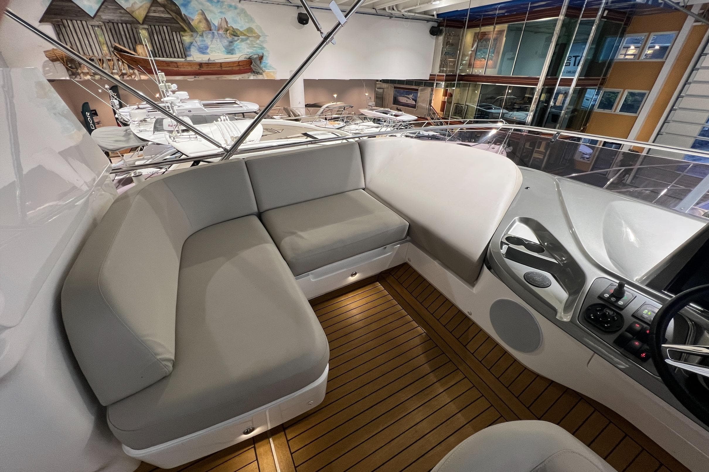 Luxurious 2019 Princess F45 yacht interior with plush seating and modern controls.