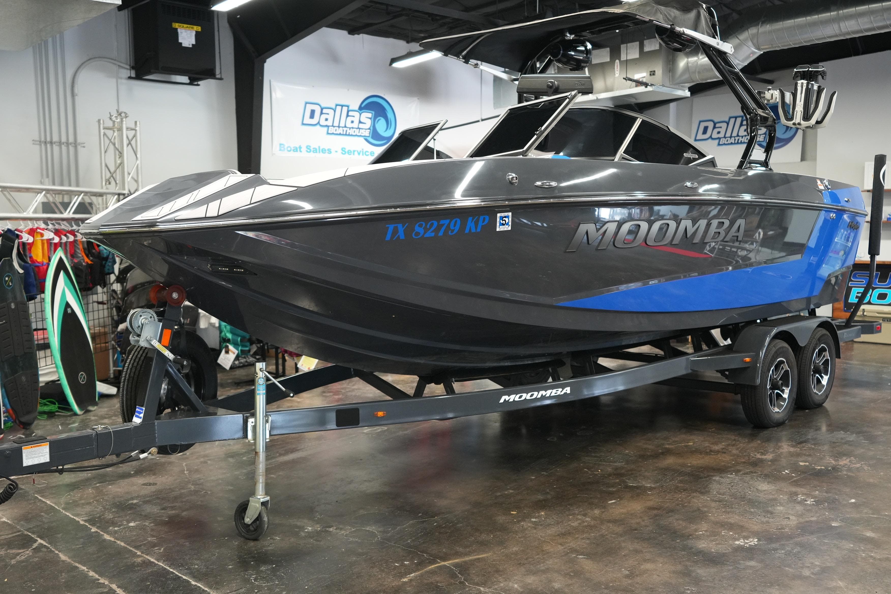 2023 Moomba Mojo boat on trailer in showroom, Dallas Boathouse.