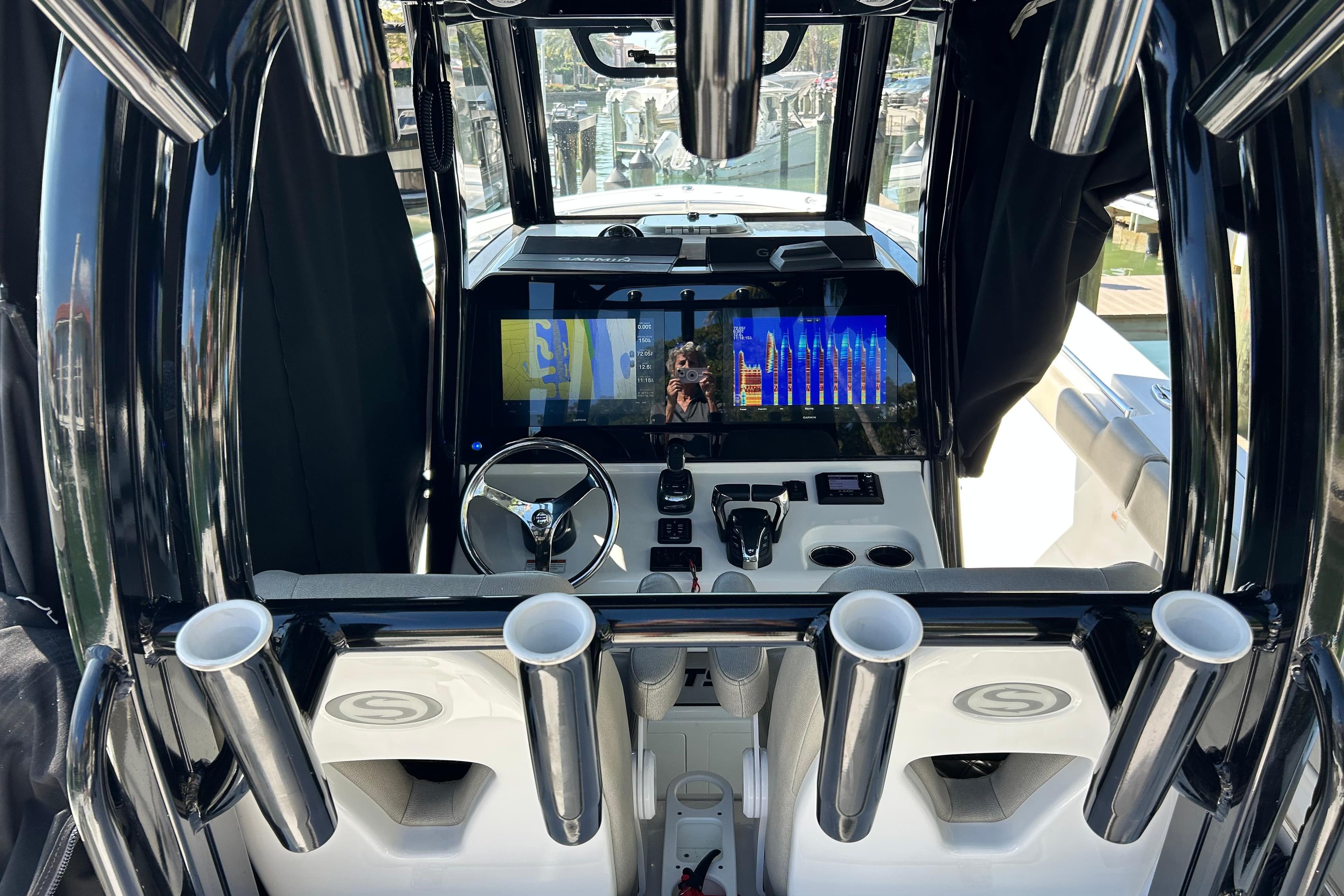 2021 Sportsman Open 302 Center Console boat interior with advanced navigation display.