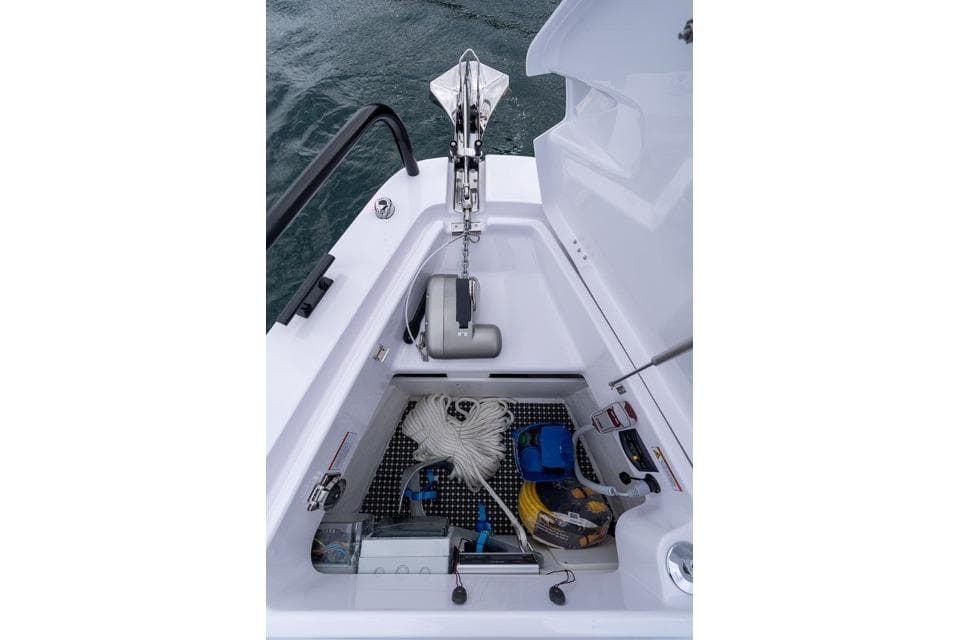 2026 Axopar 37 XC Cross Cabin anchor locker with storage and equipment.