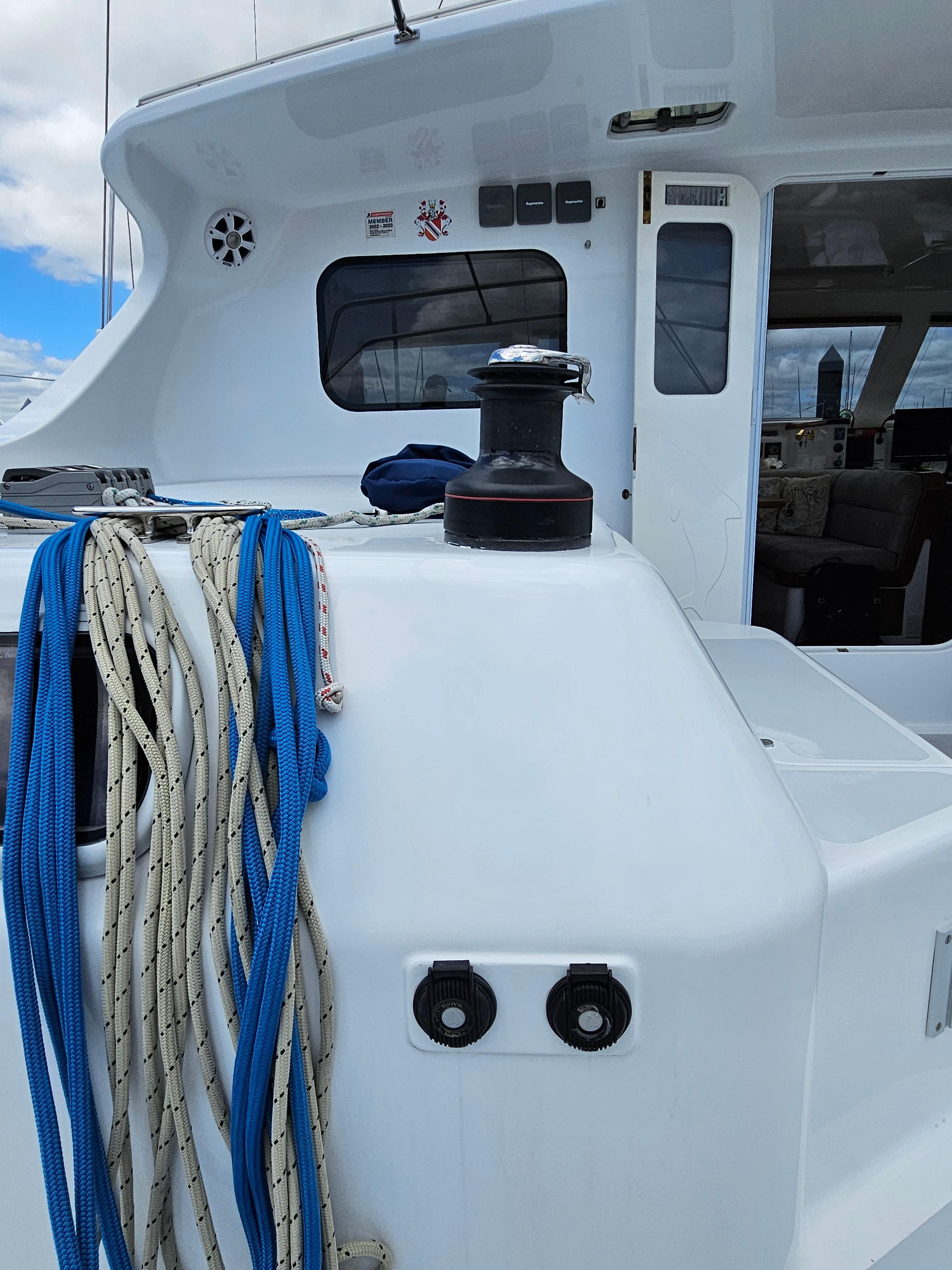 Sailing yacht deck with ropes and winch, Custom Given1500, 1998 model.