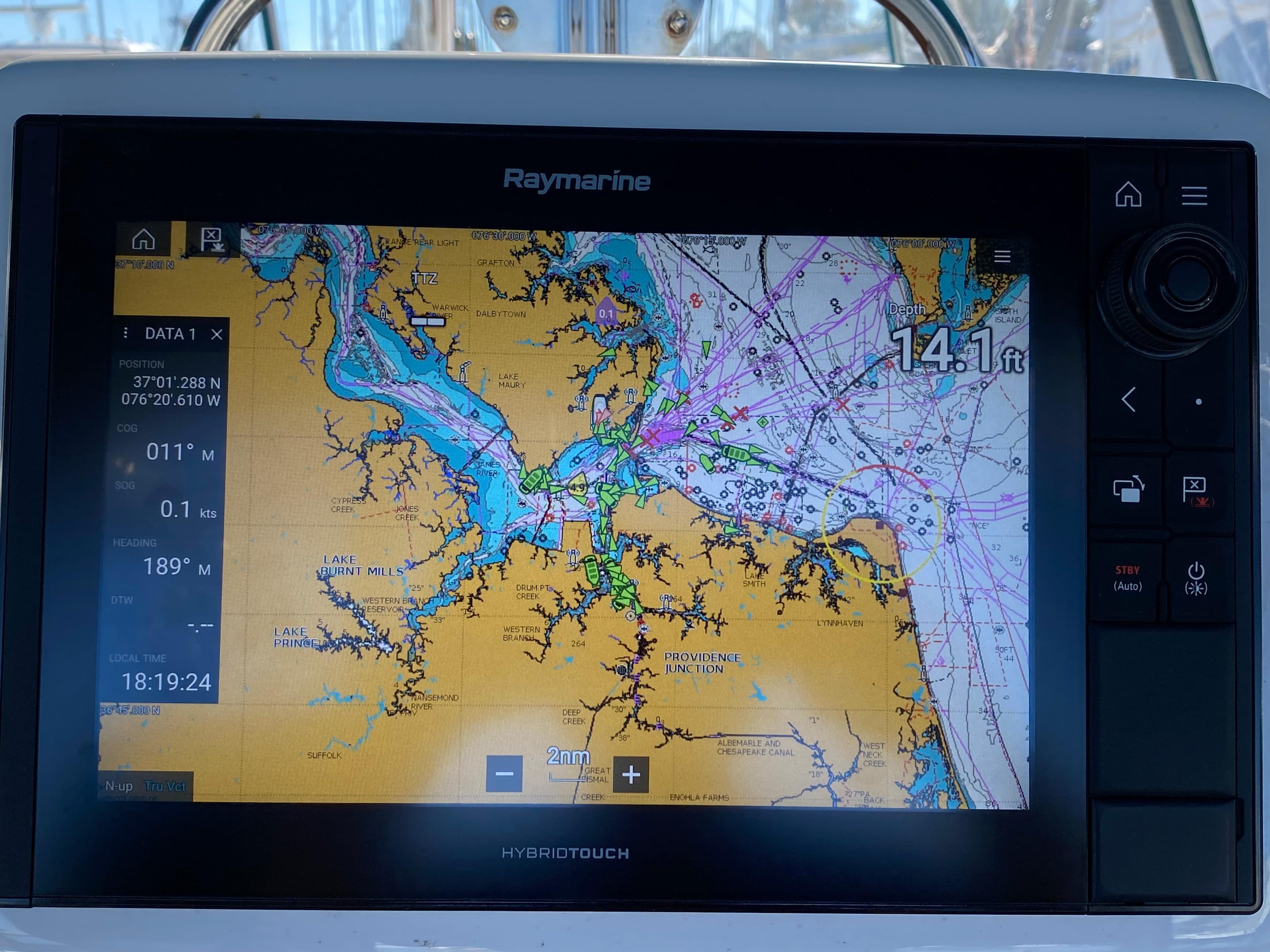 Raymarine navigation display on Jeanneau Sun Odyssey 54 DS, 2008 model, showing nautical chart.