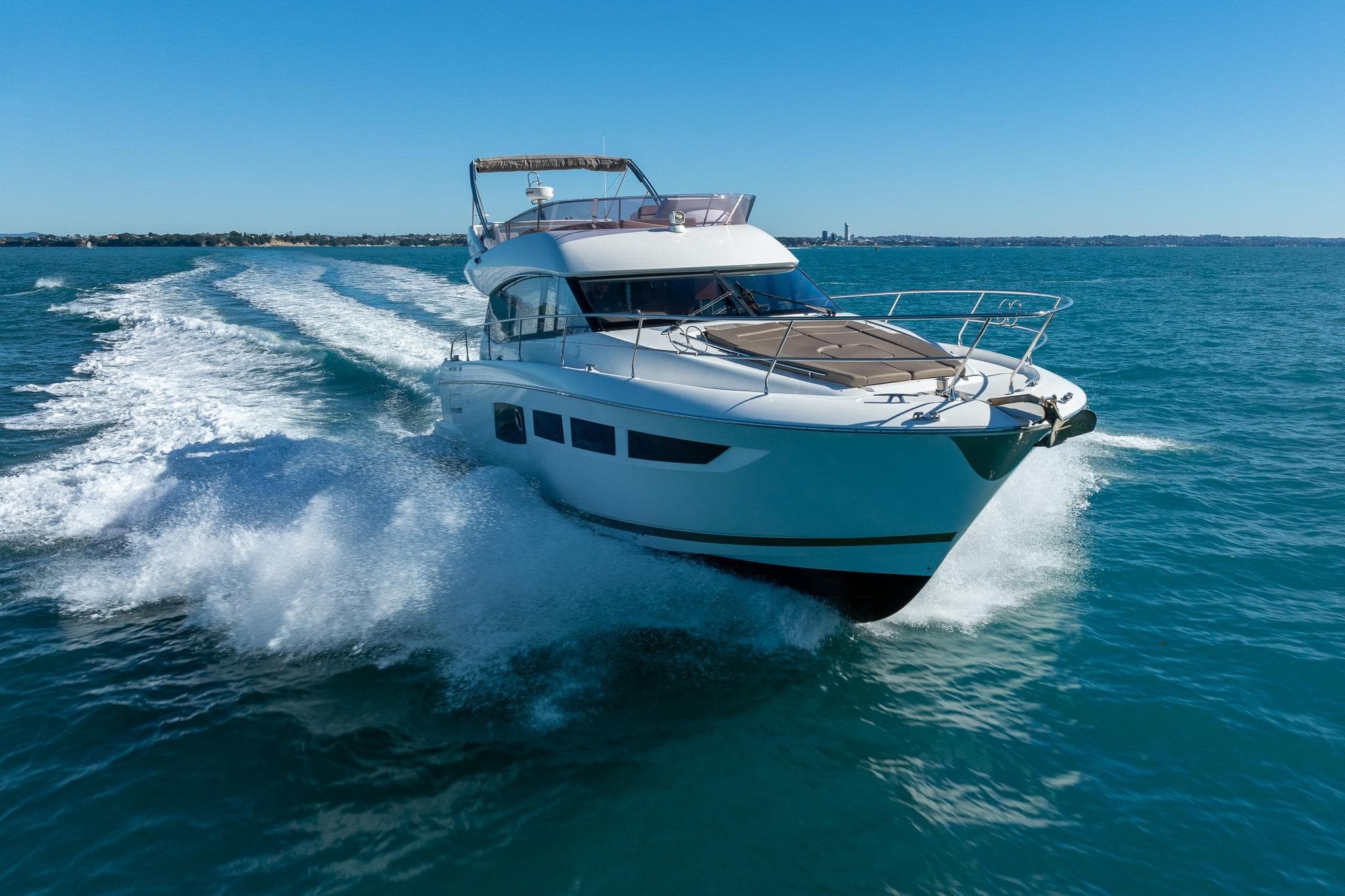 2017 Prestige 500 yacht cruising on open blue waters.