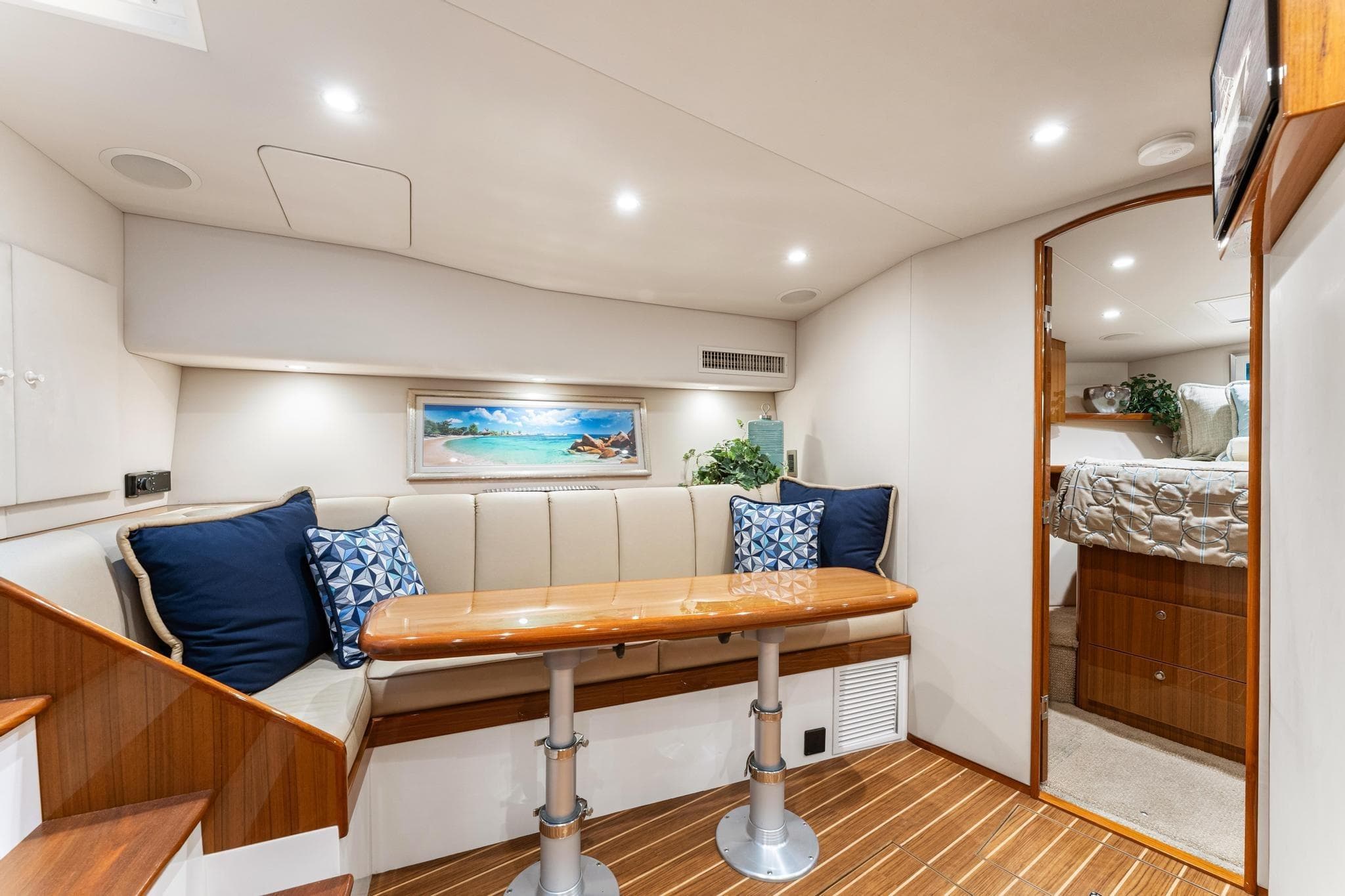 Luxurious interior of 2018 Viking 44 Express yacht with elegant seating and decor.