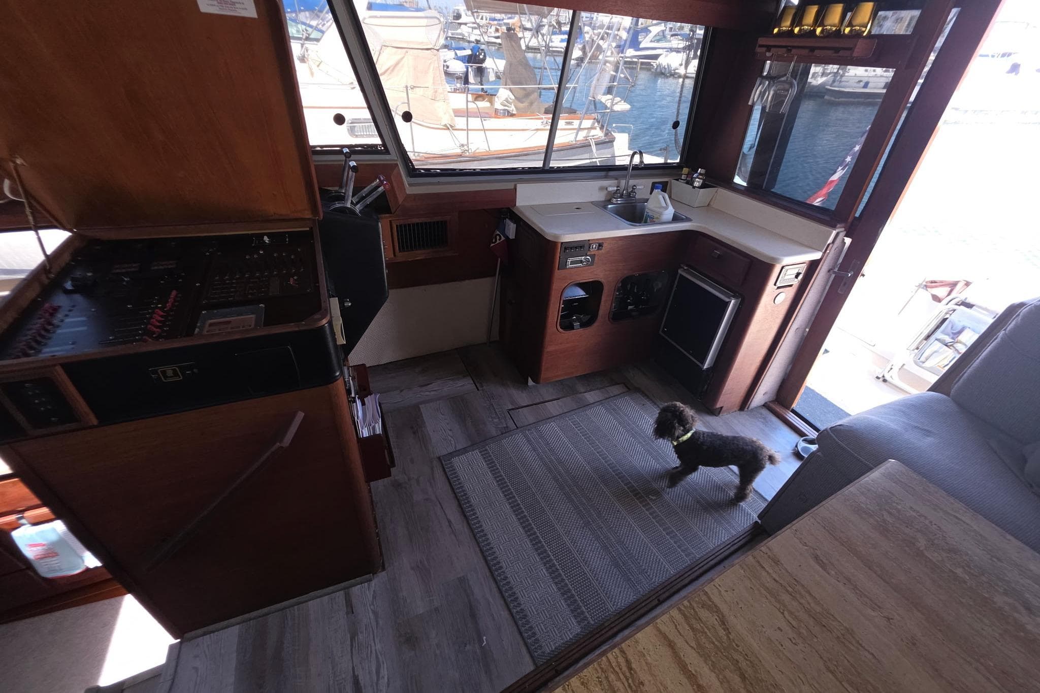 Interior of 1986 Bayliner 3888 MY Sedan with dog, featuring kitchen and control panel.