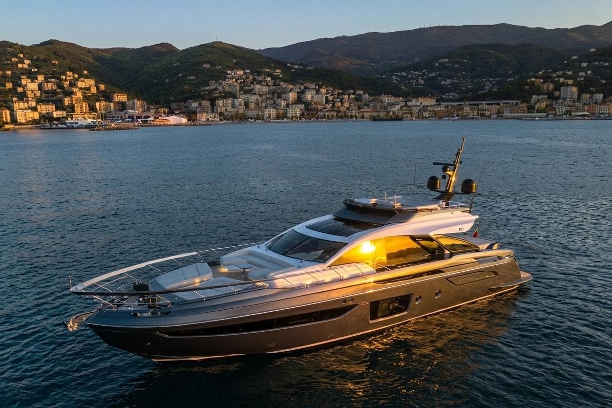 Luxurious 2020 Azimut S8 yacht cruising near scenic coastal town at sunset.