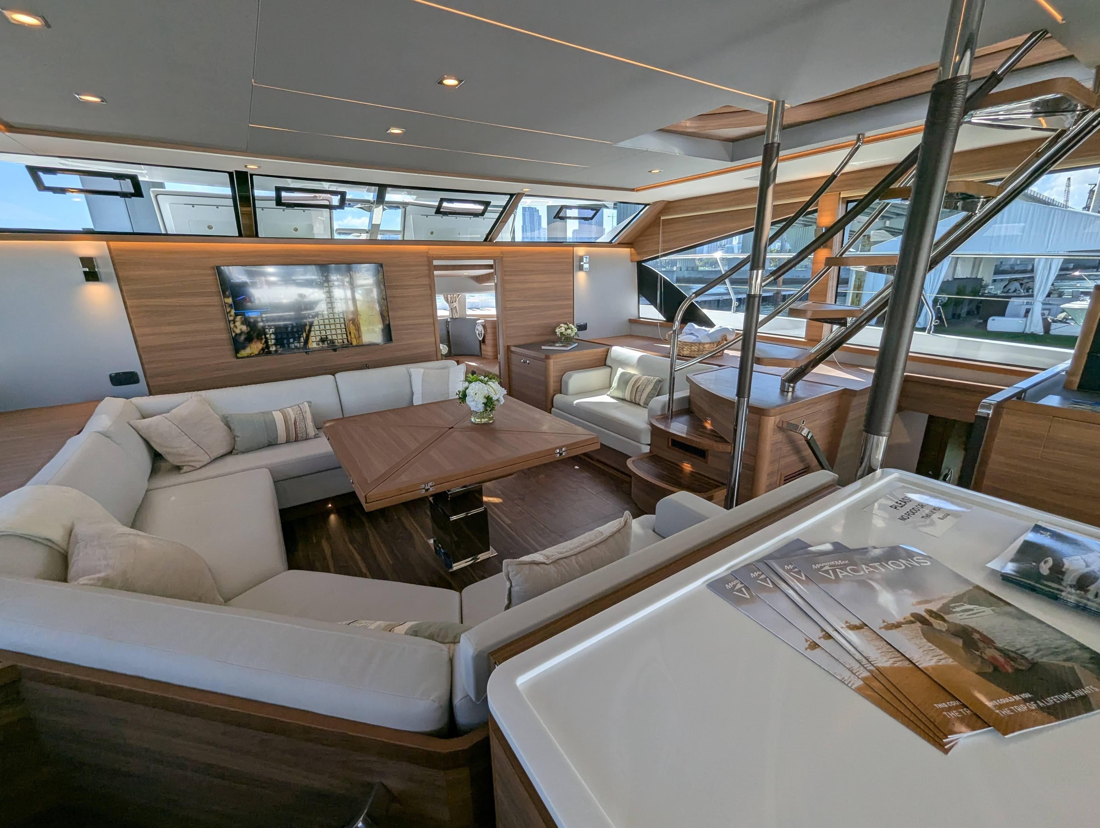 Luxurious interior of 2025 Aquila 54 Yacht with modern furnishings and elegant design.