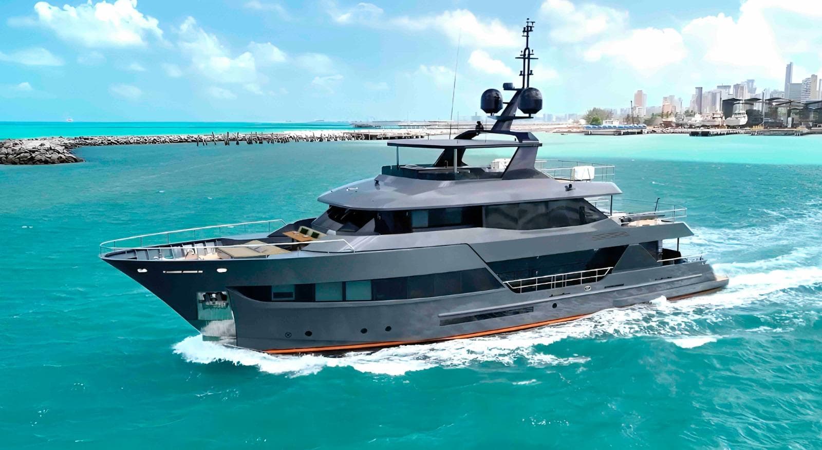 Luxurious 2027 Inace AVENTURA 106 yacht cruising in turquoise waters near a cityscape.