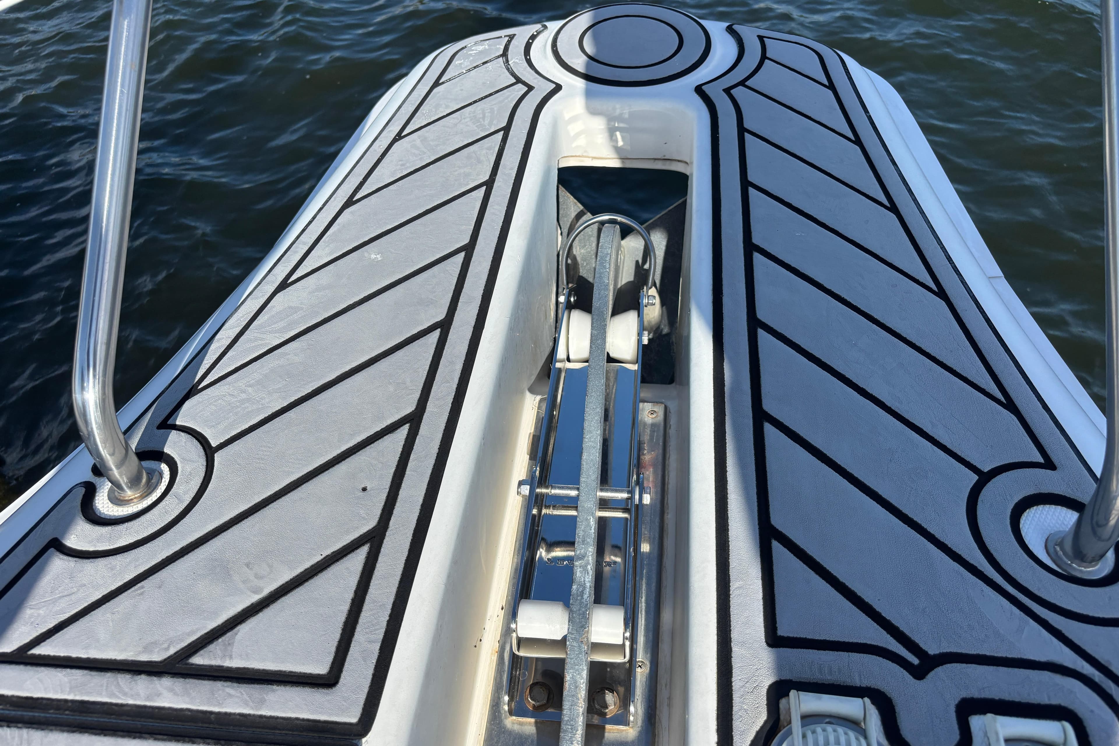 Bow of 2001 Silverton 410 Sport Bridge with sleek deck design.