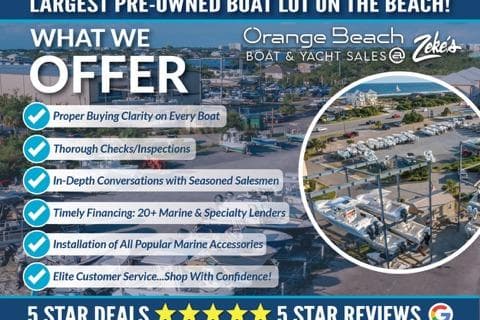 Largest pre-owned boat lot, Orange Beach Boat & Yacht Sales, offering thorough inspections and financing.