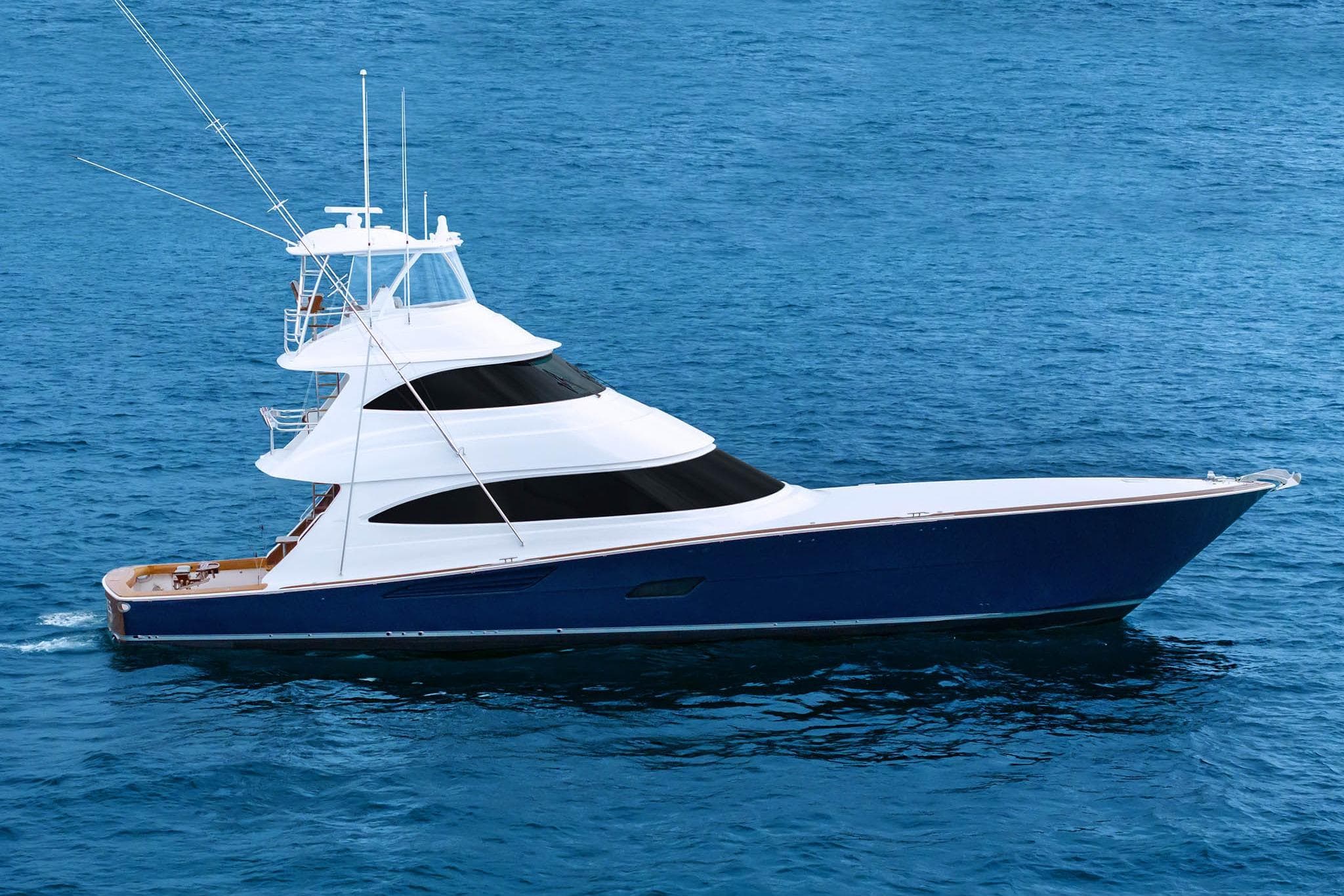 2026 Viking 82 Skybridge yacht cruising on open blue sea.