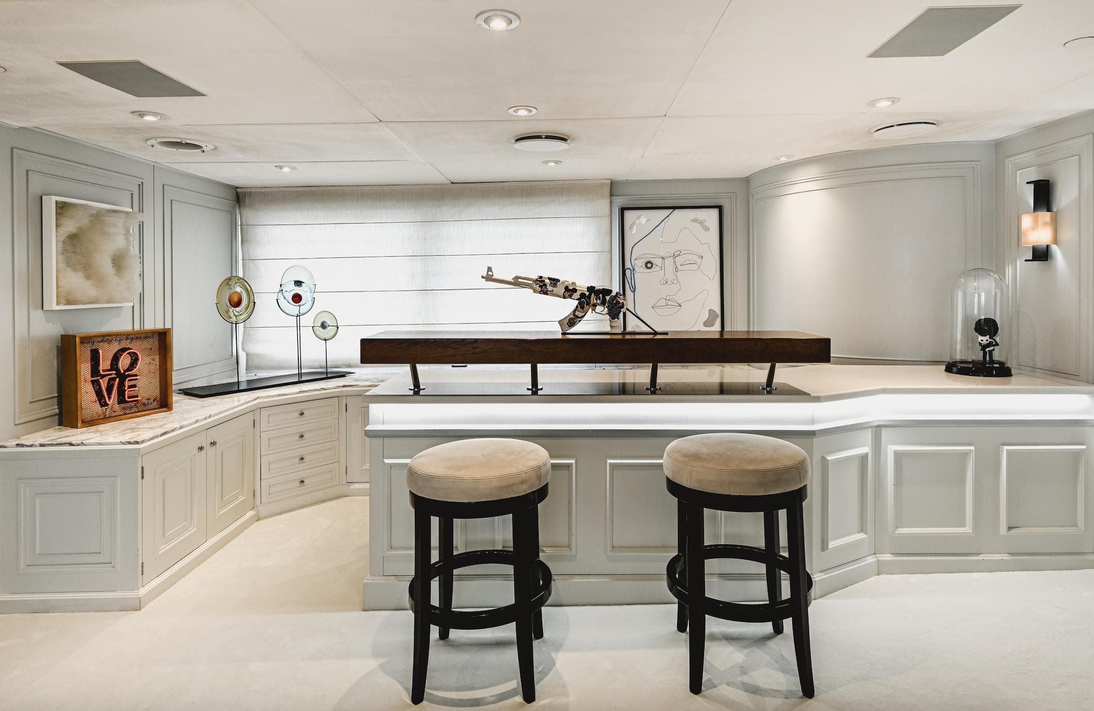 Luxurious yacht interior with modern art, bar stools, and elegant decor, Devonport 86m, 1963.