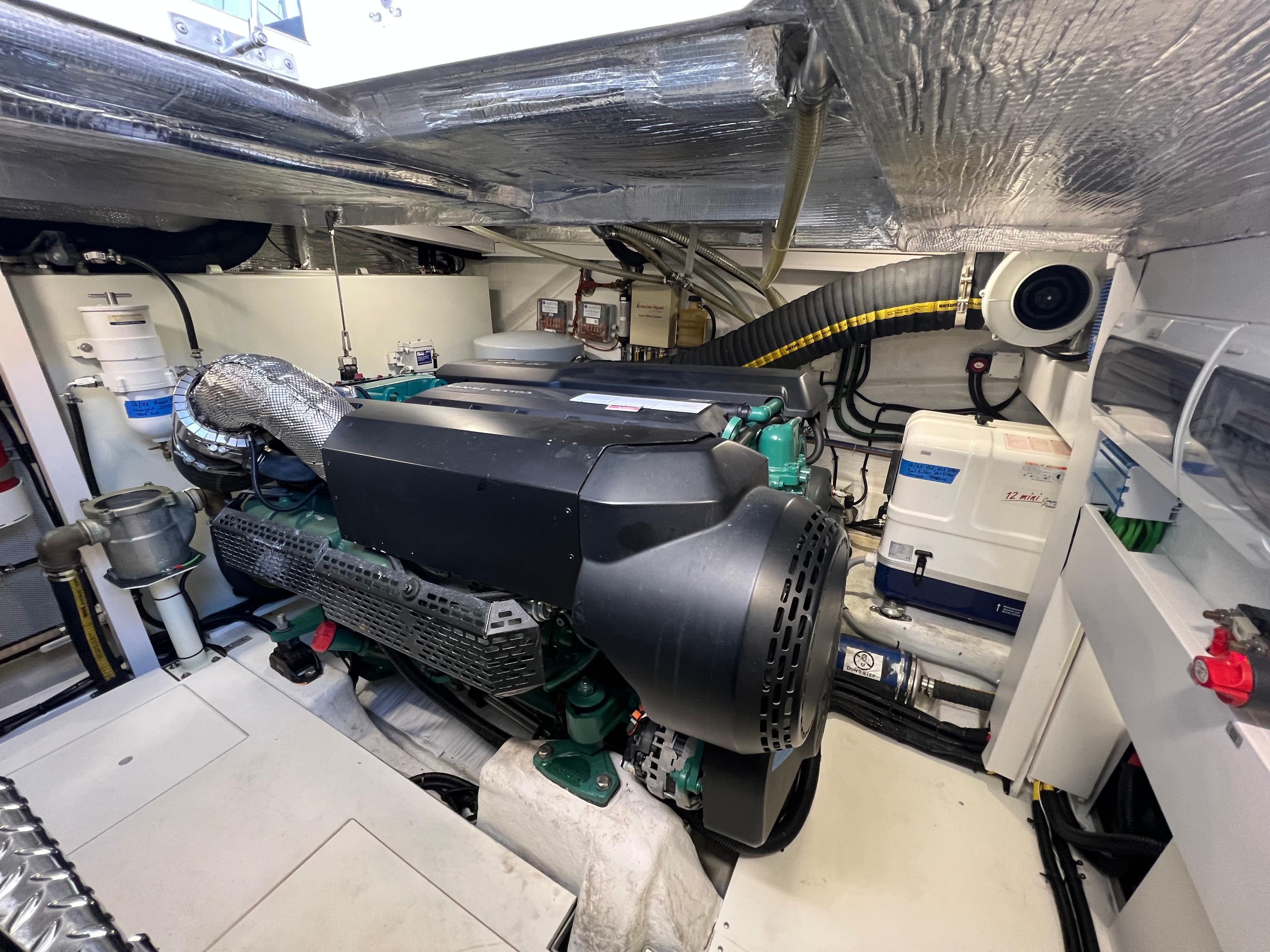 Engine room of a 2022 Galeon 470 Sky yacht with modern equipment.