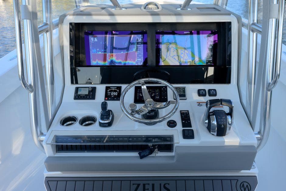 2022 SeaVee 390Z helm with dual navigation screens and modern controls.