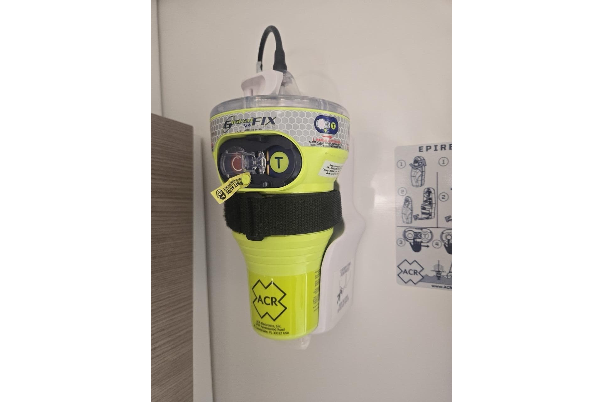 Emergency beacon on 2023 Fountaine Pajot Catamaran Astrea 42, mounted with instructions.