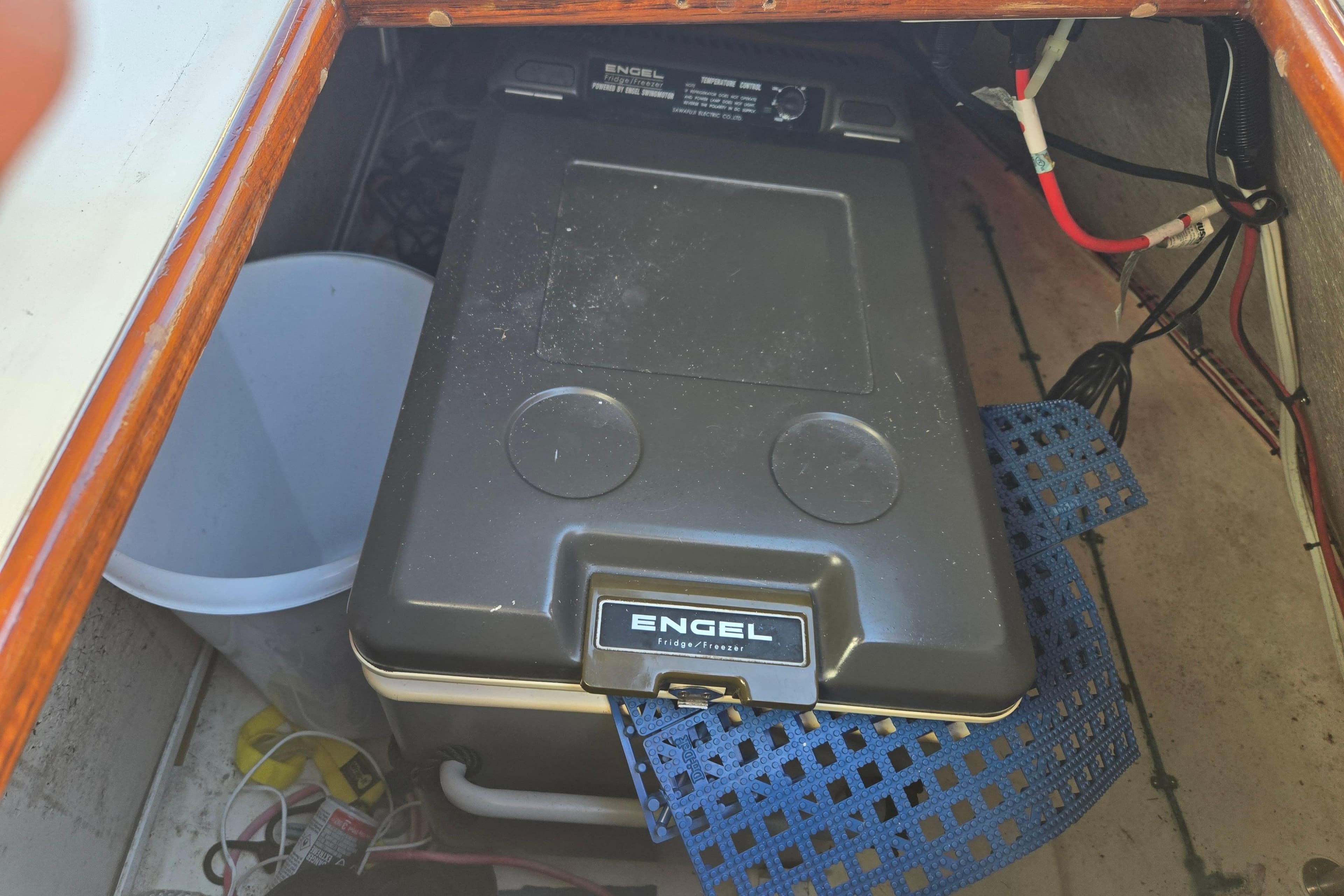 Engel fridge/freezer in 1992 Grand Banks 46 Classic boat interior.