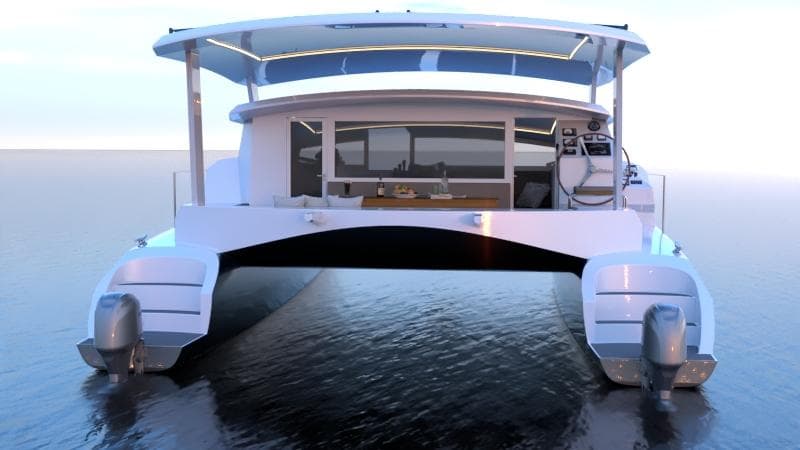 2025 Catamaran Dual Flyer 400 on calm water, rear view.