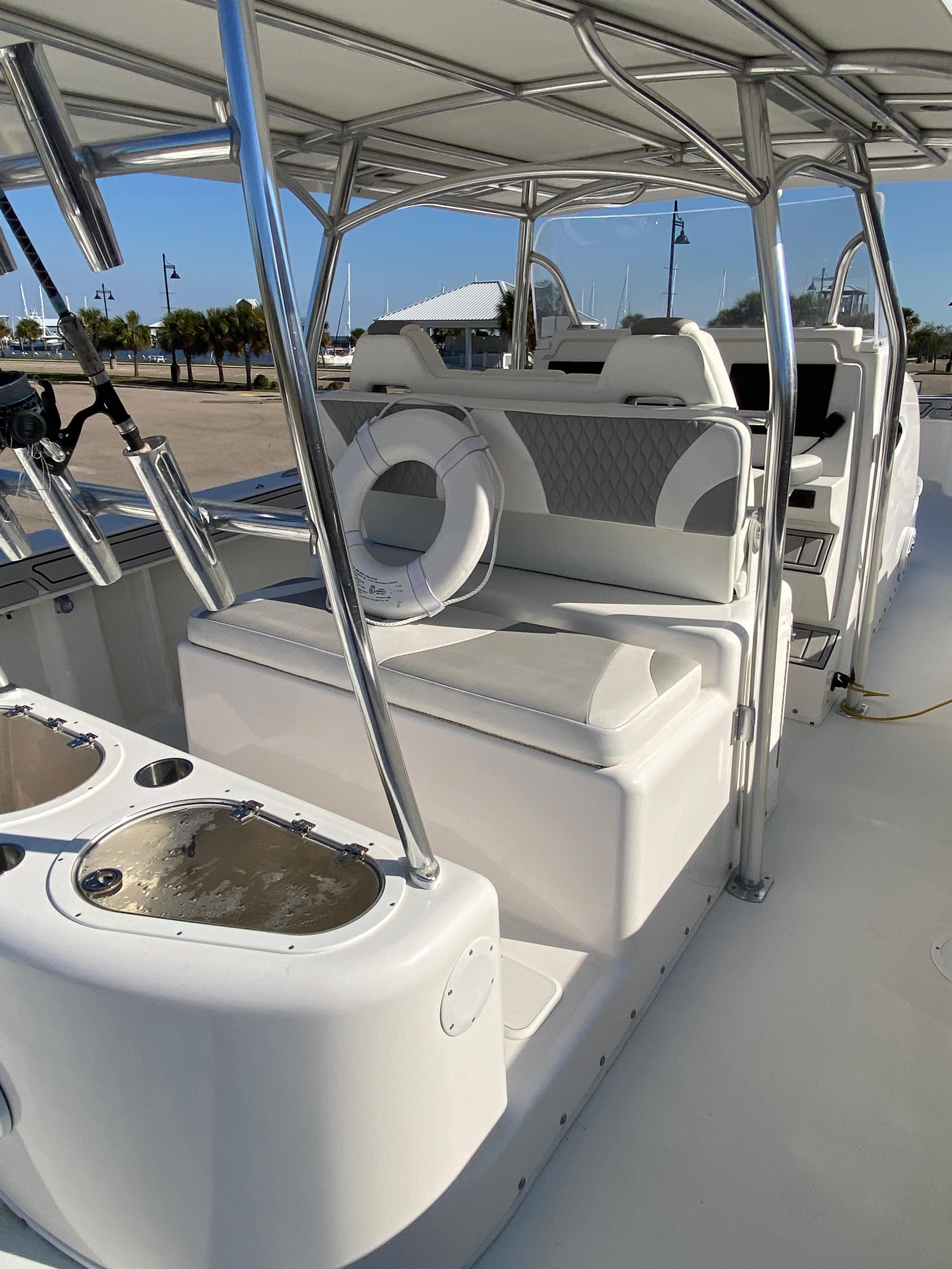 2021 Twin Vee 36 Center Console boat with sleek seating and modern design.