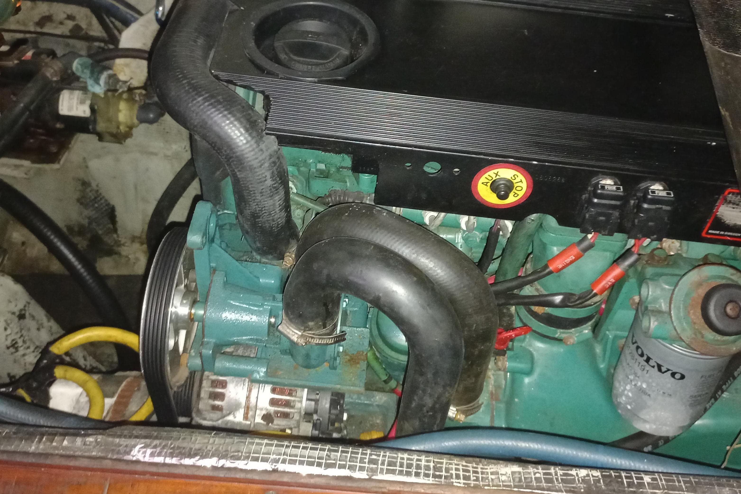 Engine compartment of a 1974 Hinckley 49 boat, featuring a Volvo Penta engine.