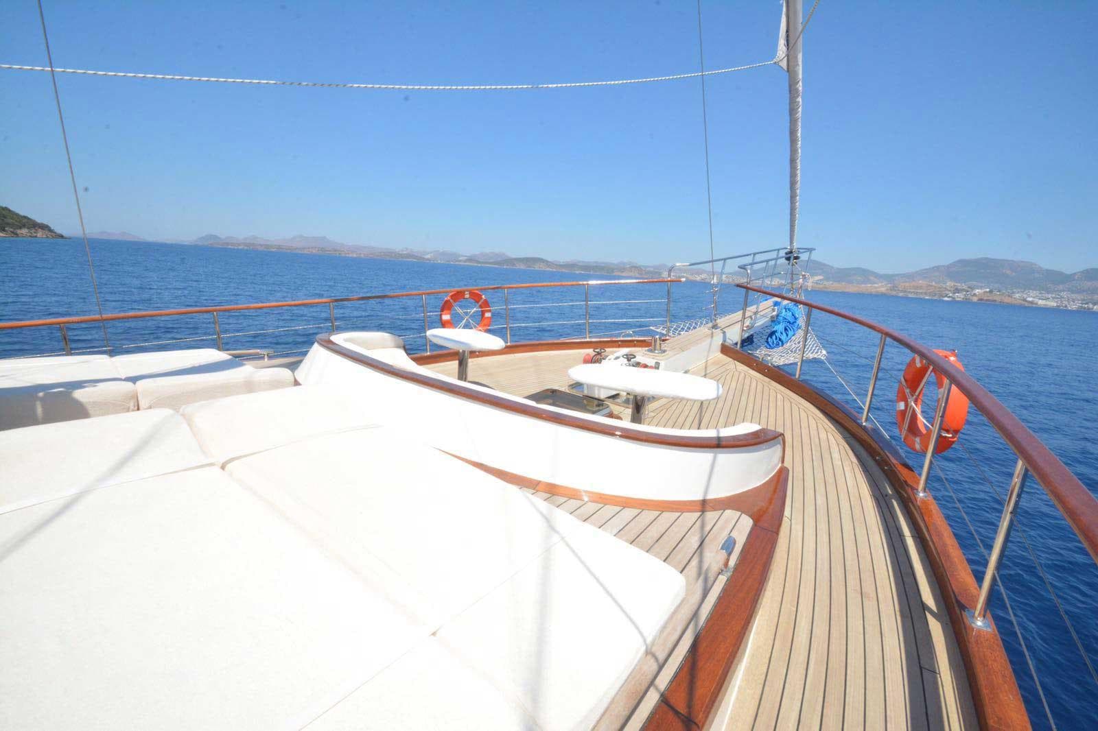 Luxurious 2017 Custom GULET yacht deck with sunbeds, sailing on clear blue waters.