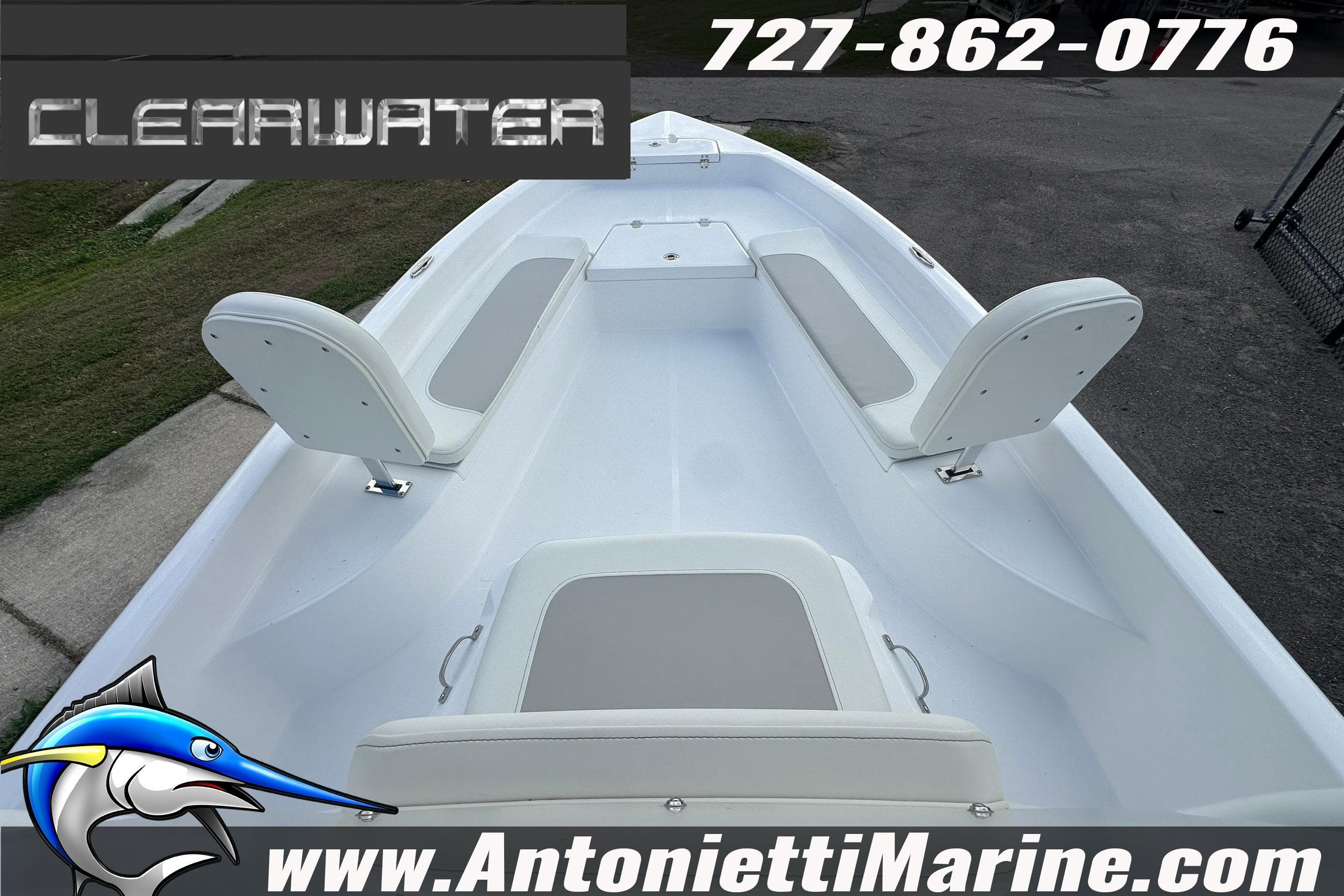 Clearwater 2100 Bay boat interior, 2026 model, featuring seating and contact information for Antonietti Marine.