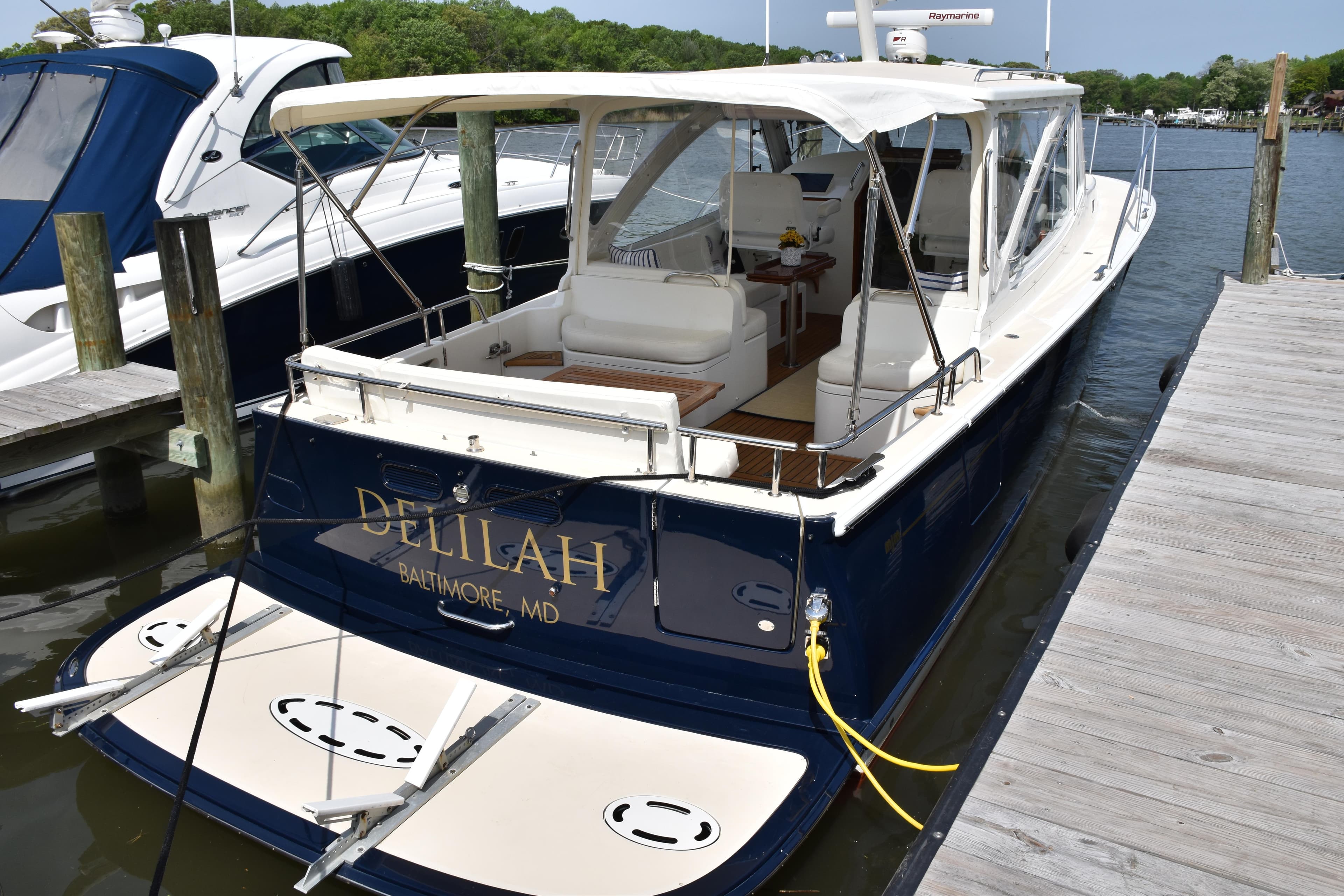2011 MJM 40z Downeast boat docked, rear view, named Delilah from Baltimore, MD.