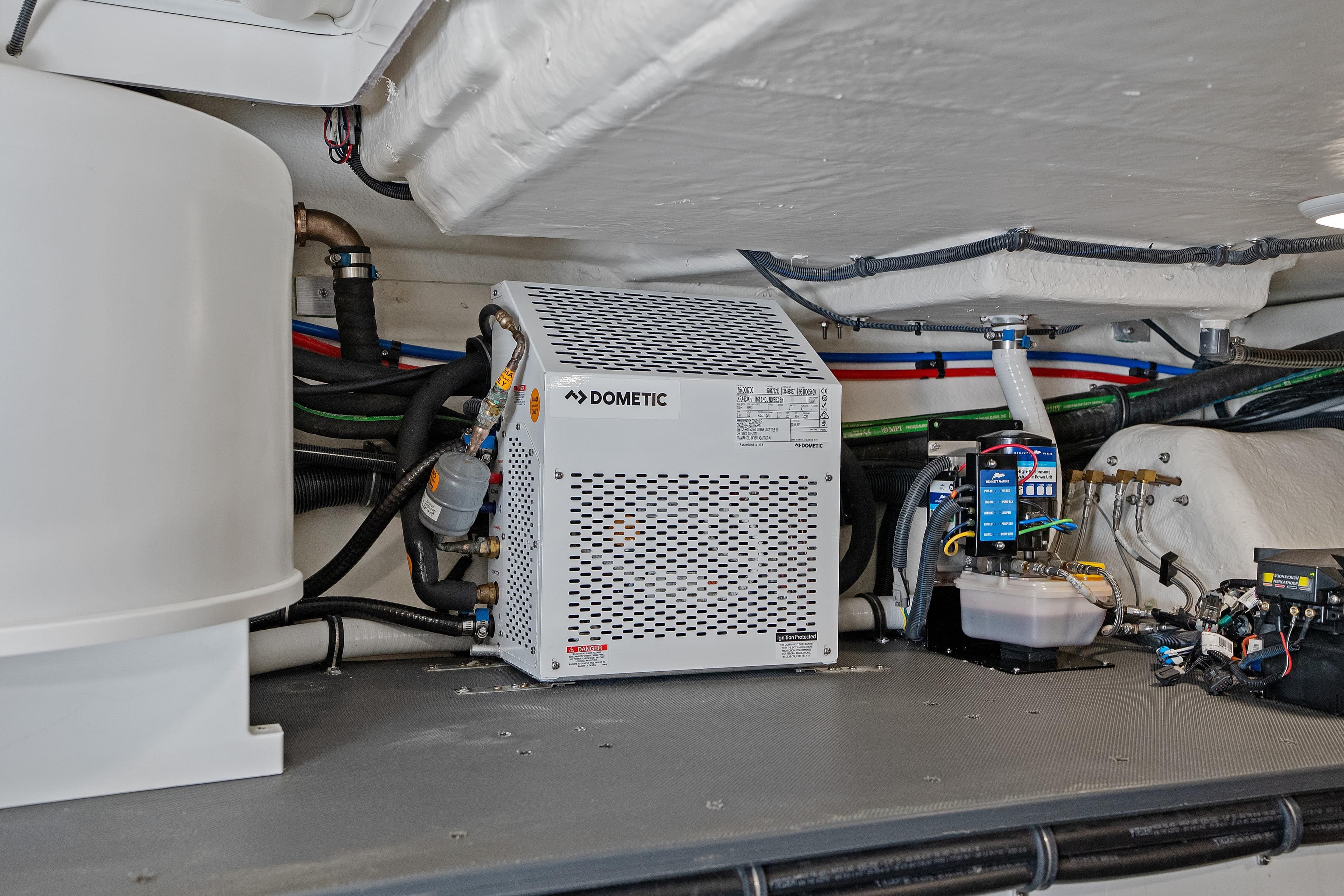 2024 Formula 500 Super Sport Crossover engine room with Dometic equipment and wiring.