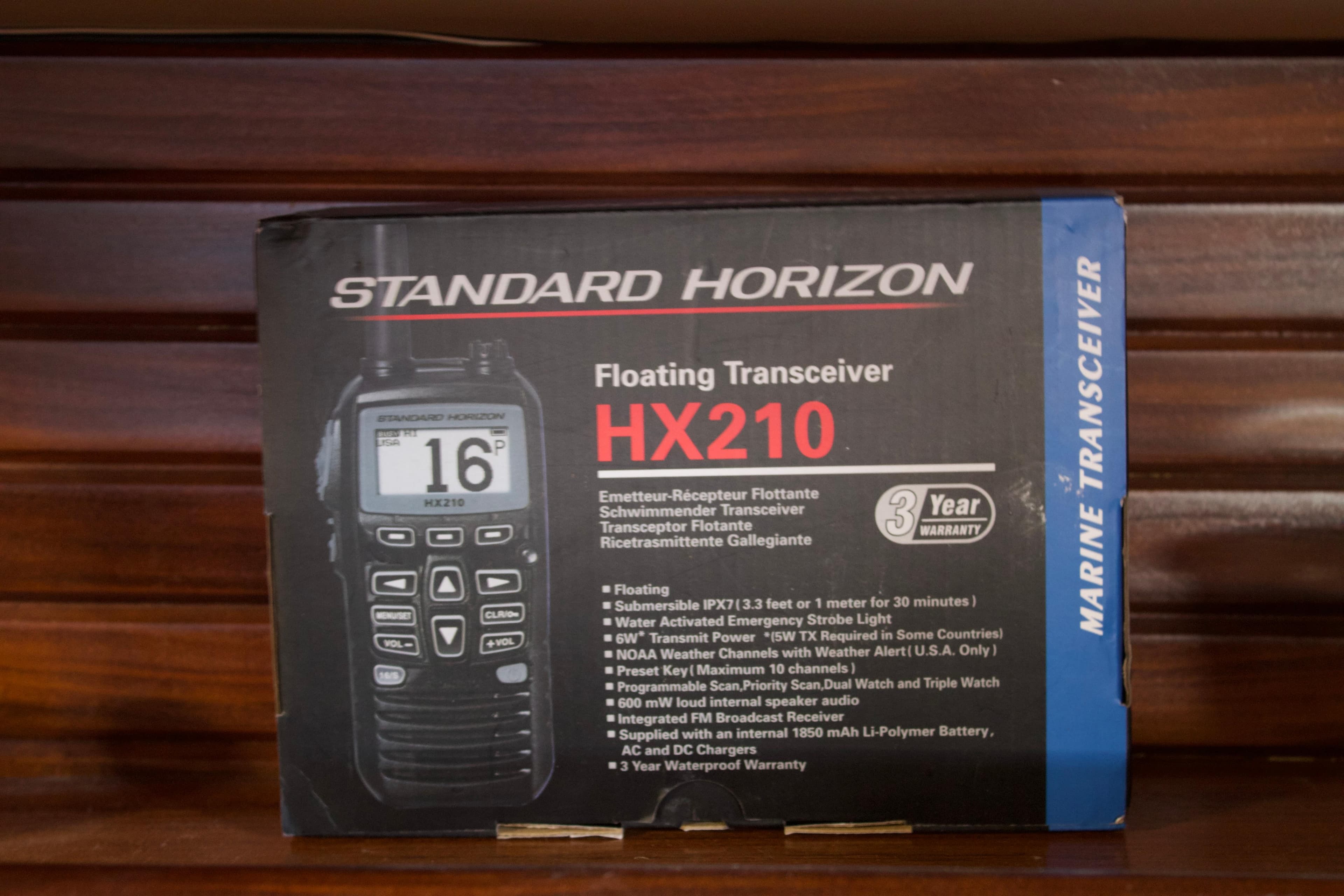 Box of Standard Horizon HX210 floating transceiver on Beneteau First 405 Tall Rig, 1988.