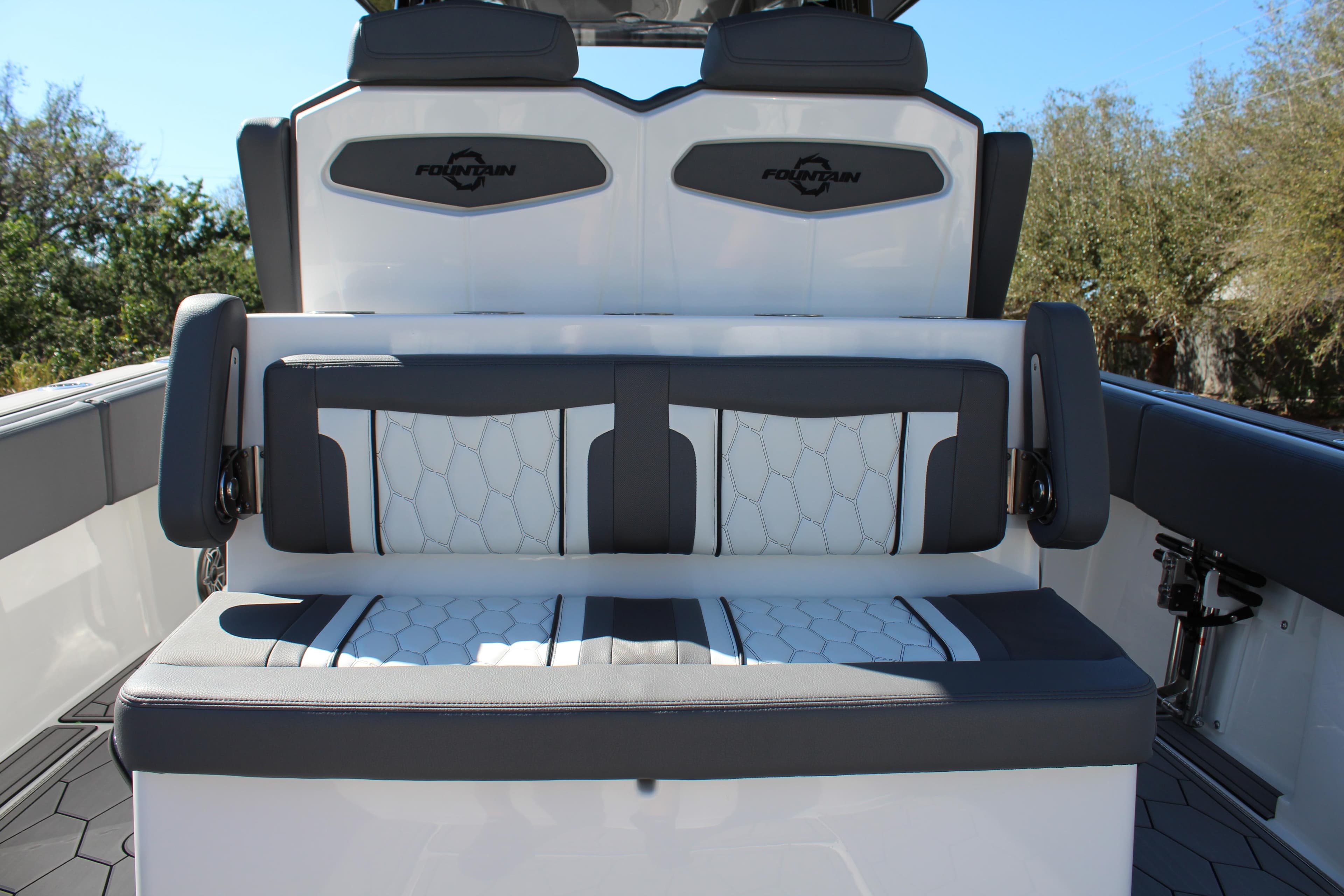 2023 Fountain 34 SC boat seating with stylish upholstery and modern design.