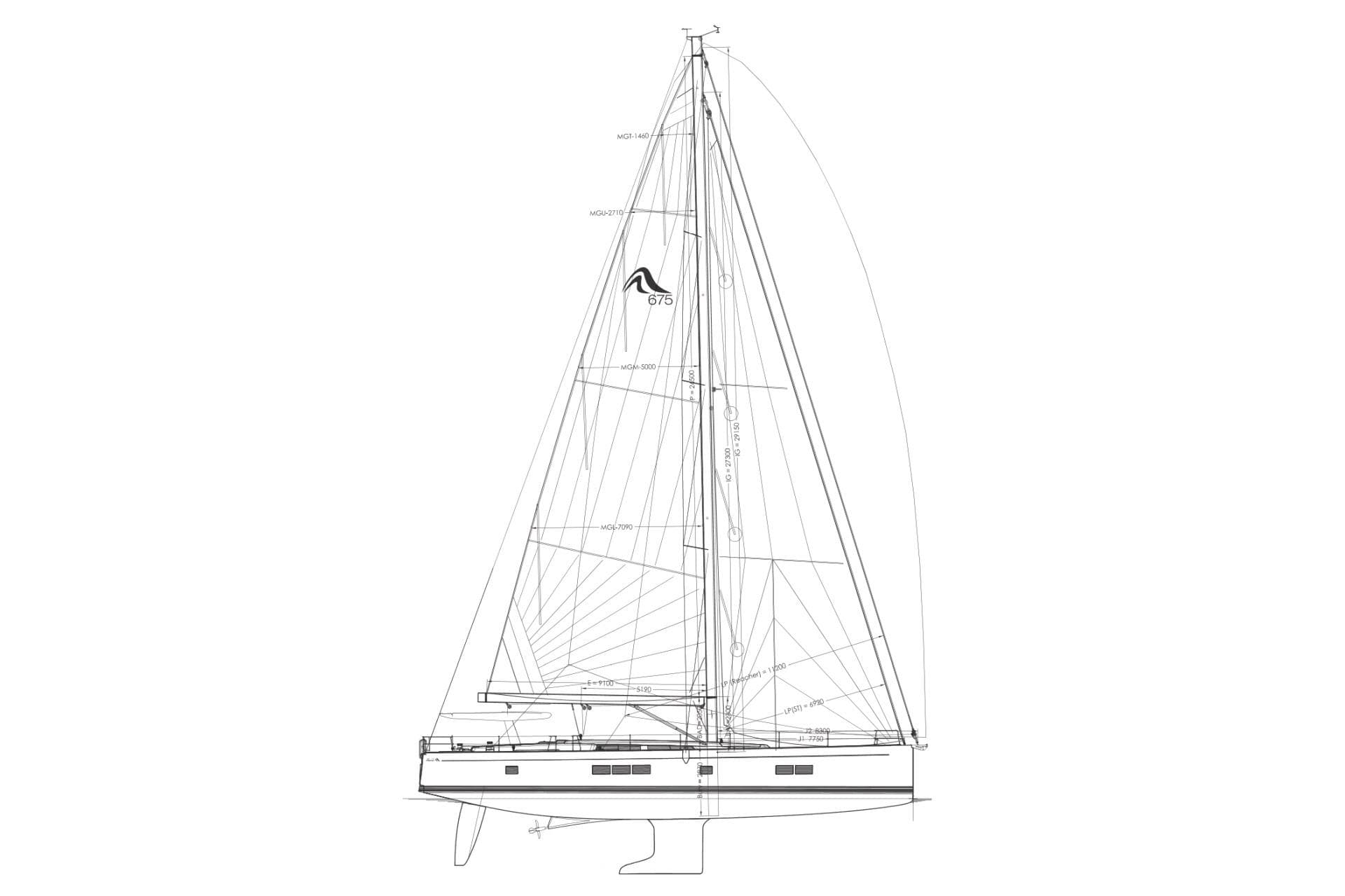 Side view of Hanse 675 sailing yacht, 2018 model.