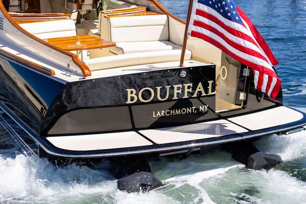 Hinckley Talaria 34 boat, 2014 model, with American flag, named "Bouffal," Larchmont, NY.