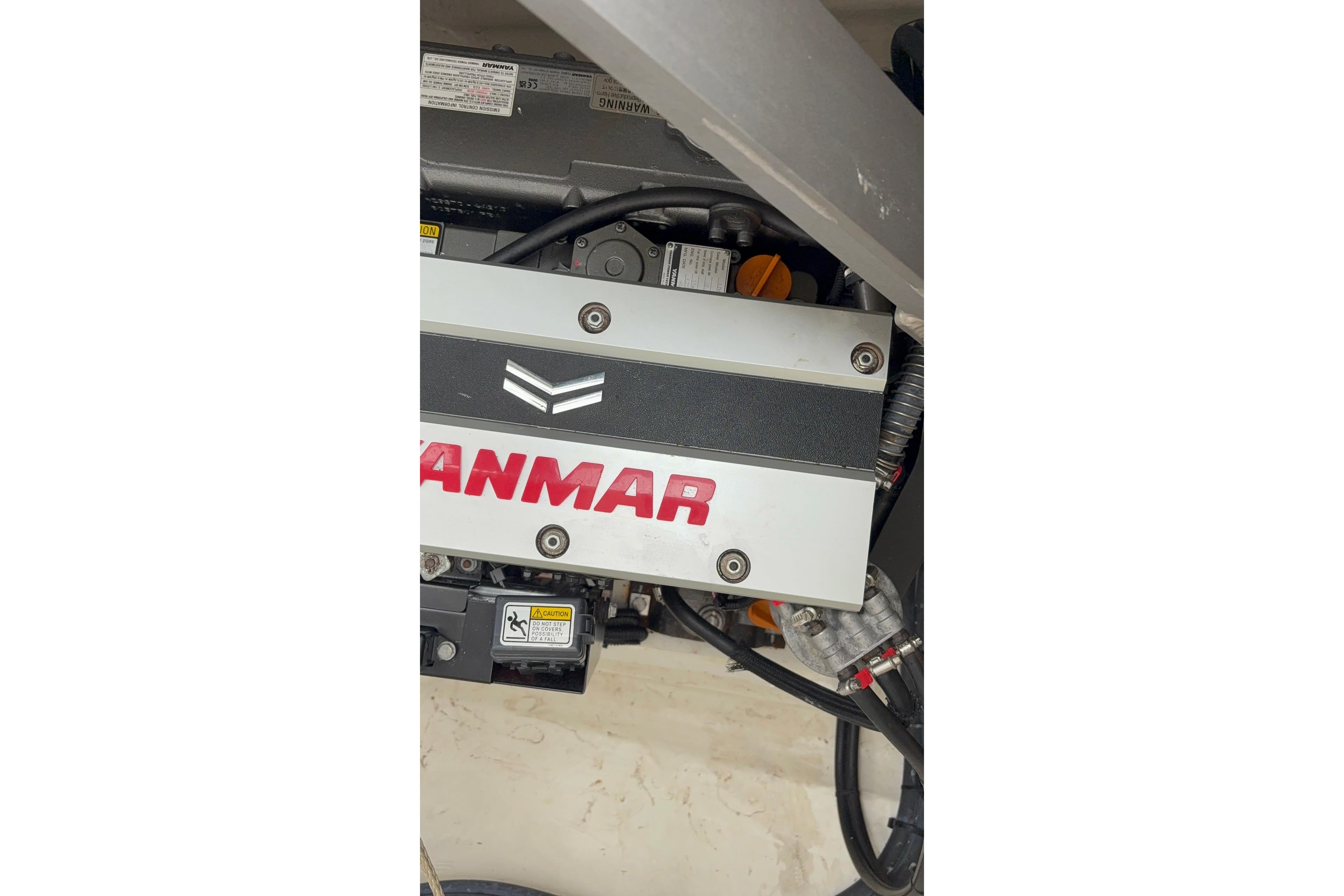 Engine compartment of a 2025 Leopard 42 yacht featuring a Yanmar engine.