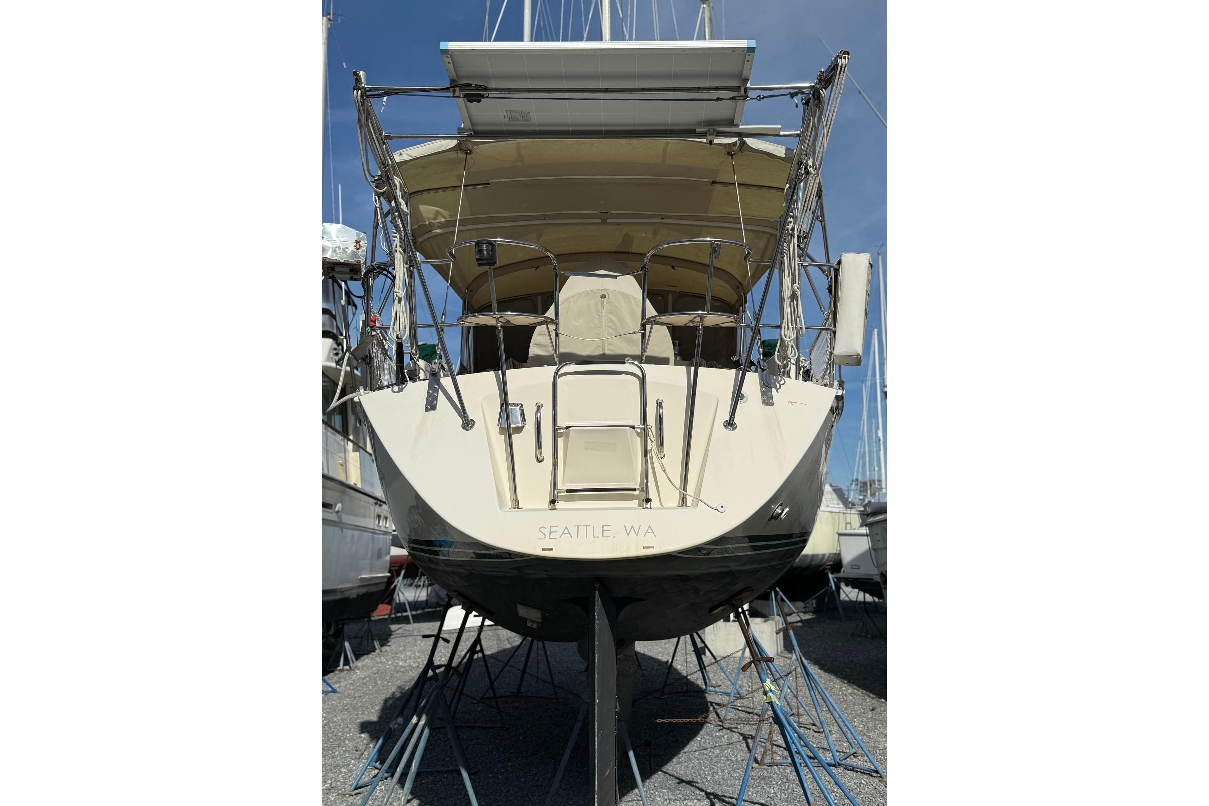 2004 Caliber 40LRC sailboat on stands, Seattle, WA, rear view.