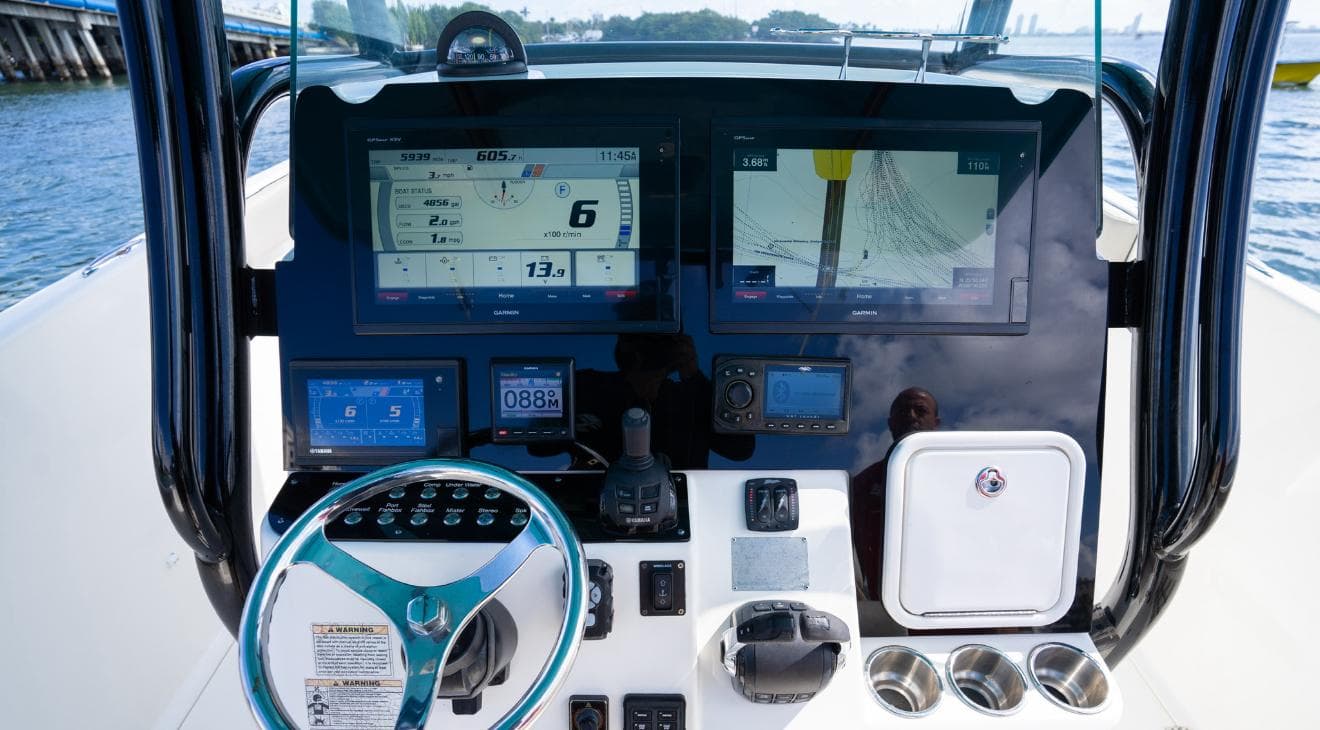 2019 Century 3200 Center Console boat dashboard with advanced navigation and control systems.