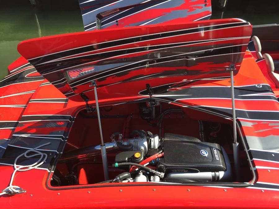 2025 MTI Marine Technology Inc 48 Pleasure boat engine compartment with open hatch.