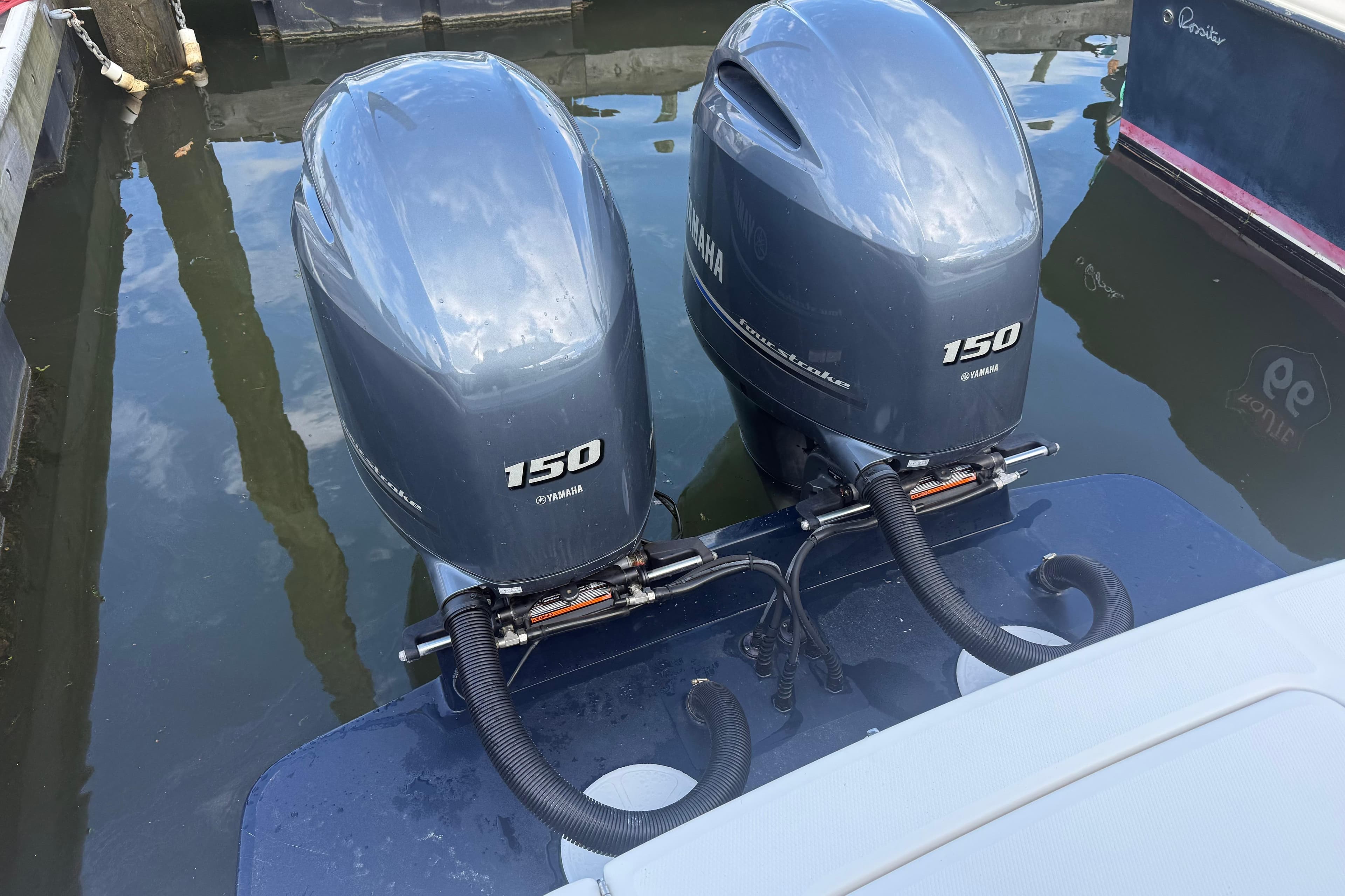 Twin Yamaha 150 outboard engines on a 2022 Regulator 23 boat.