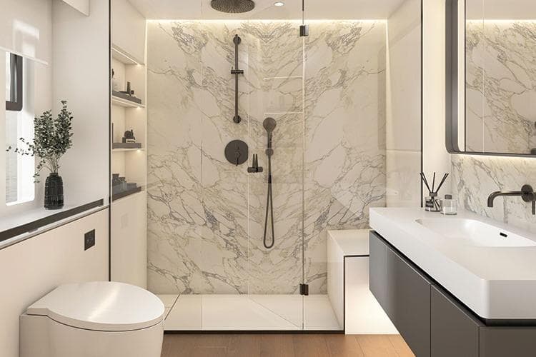 Luxurious bathroom in 2025 Sunreef Eco Sail 70 yacht with marble shower and modern fixtures.
