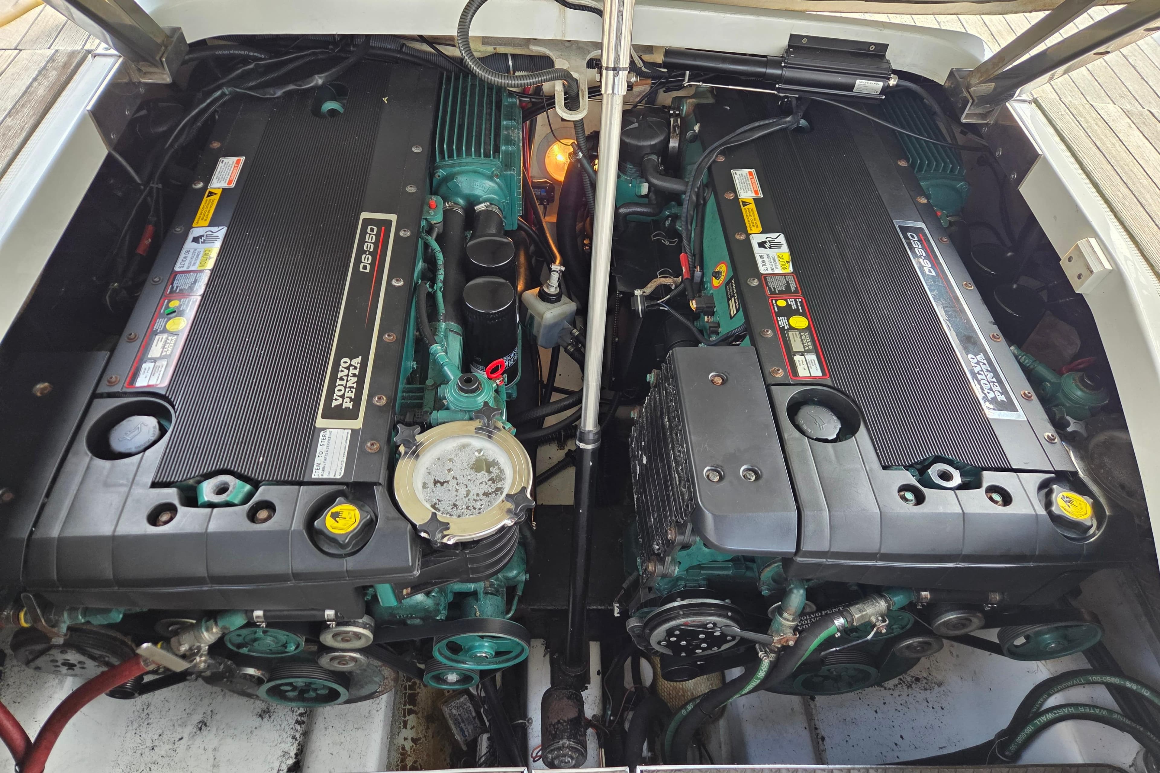 Engine compartment of a 2005 Formula 400 Super Sport boat, featuring dual Volvo Penta engines.