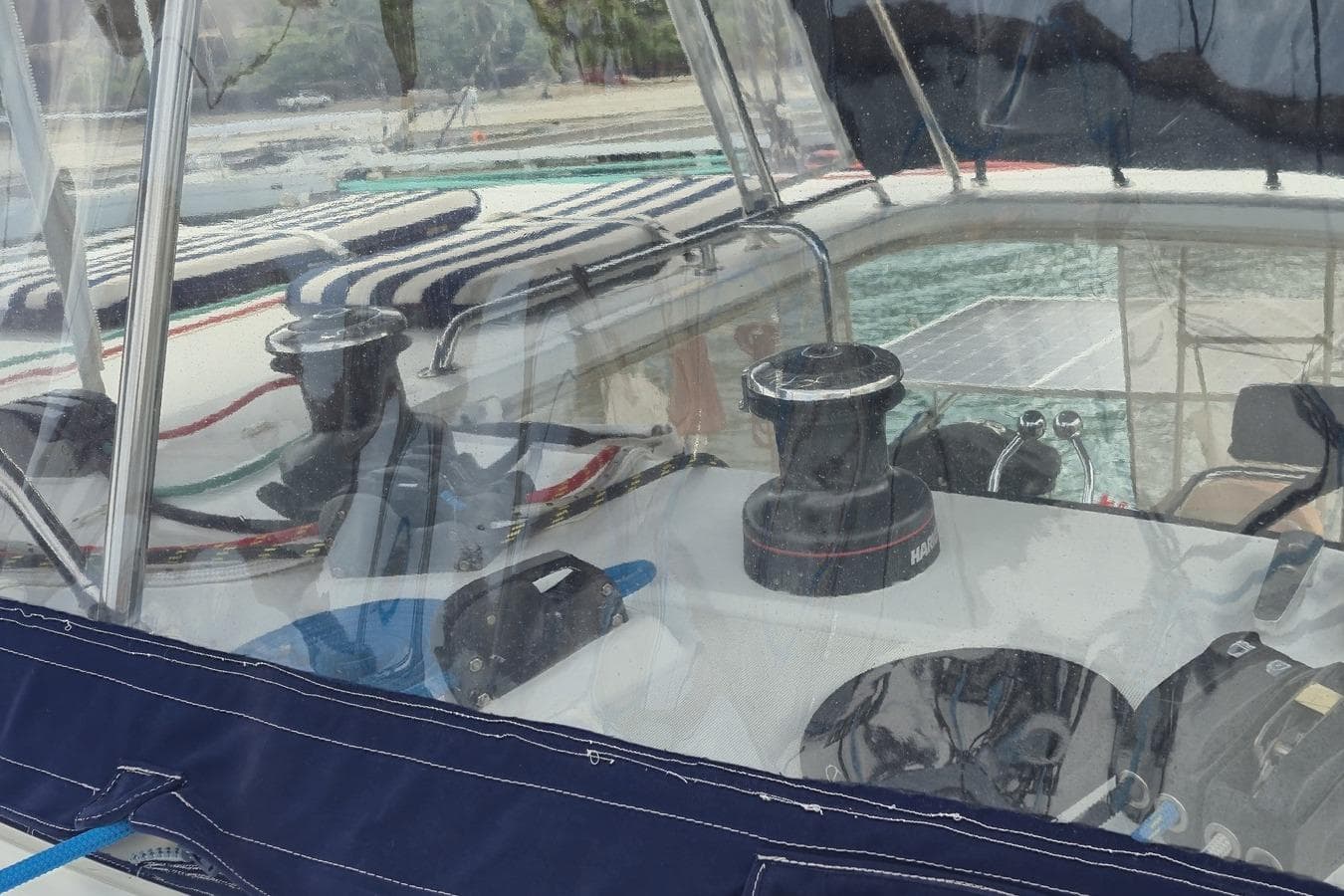 Cockpit view of 2017 Lagoon 400 S2 catamaran with winches and ropes.
