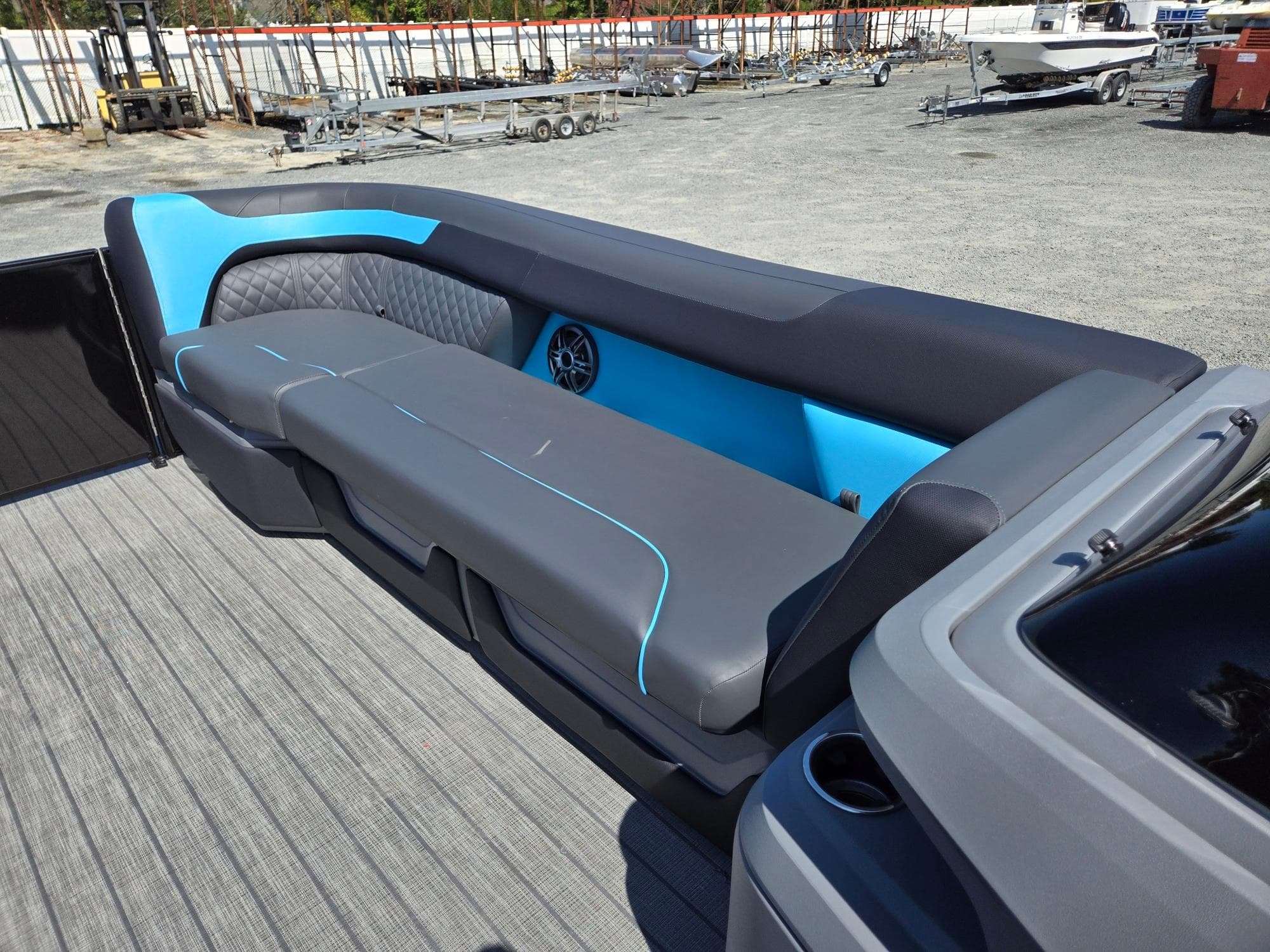 2025 Godfrey Sweetwater 2486 SB boat interior with sleek seating and modern design.