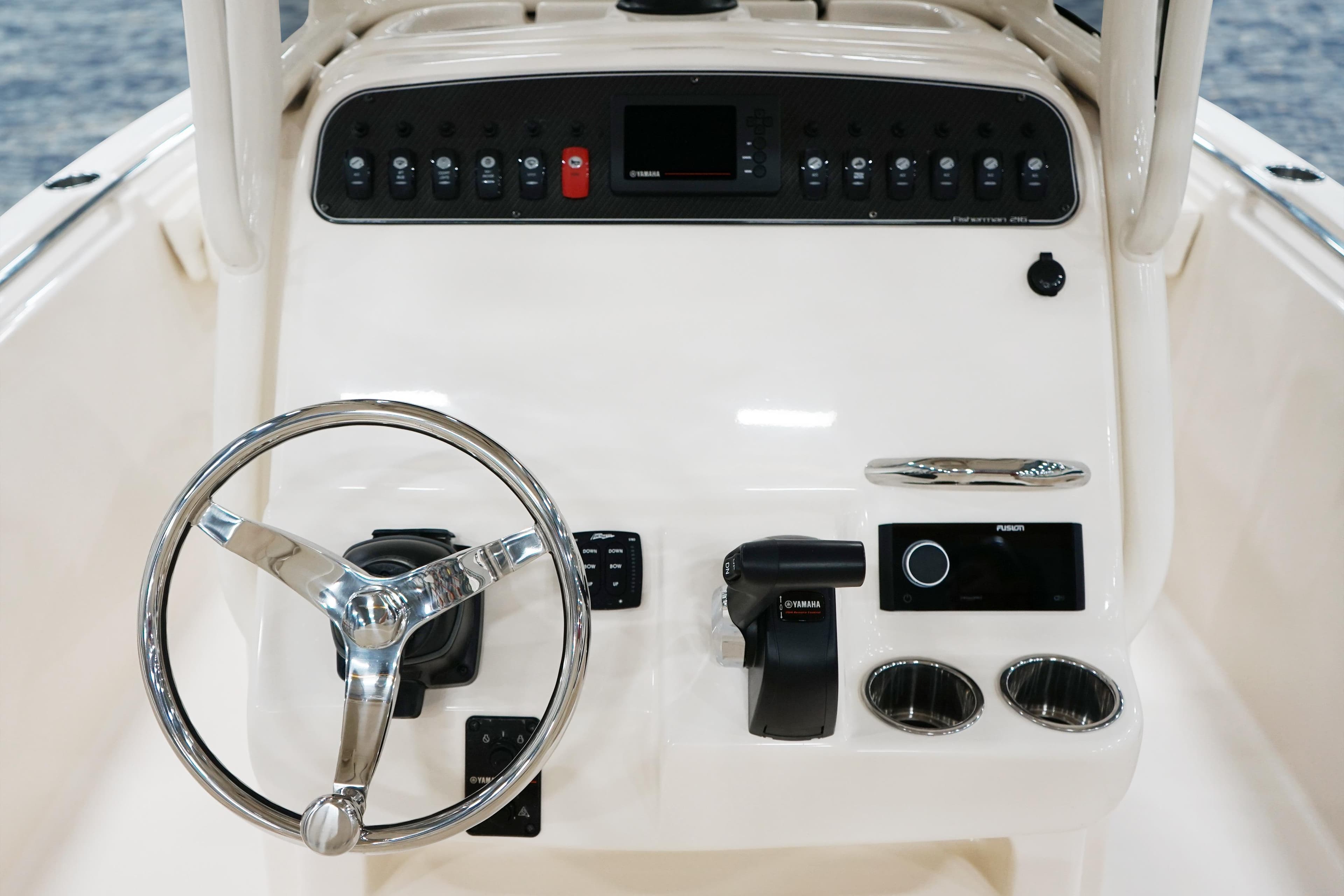 2027 Grady-White Fisherman 216 boat dashboard with steering wheel and controls.