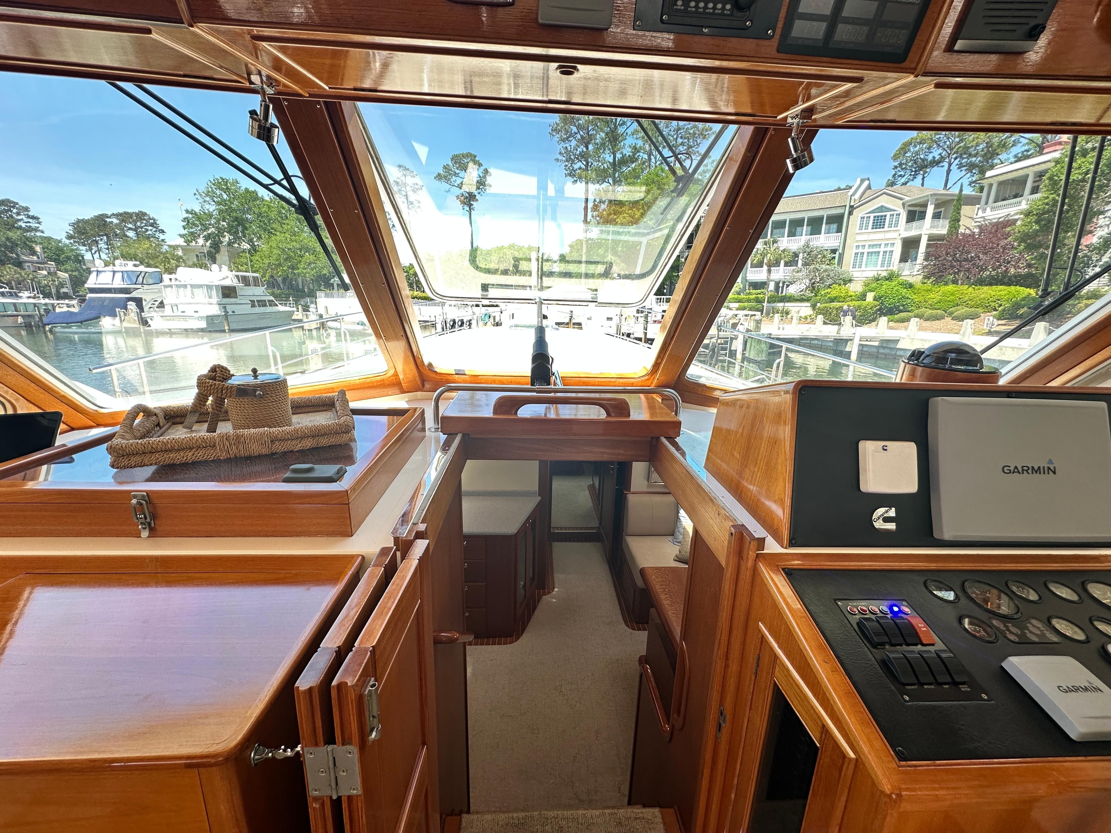 Interior view of 2004 Grand Banks 49 Eastbay HX yacht, featuring helm and navigation equipment.