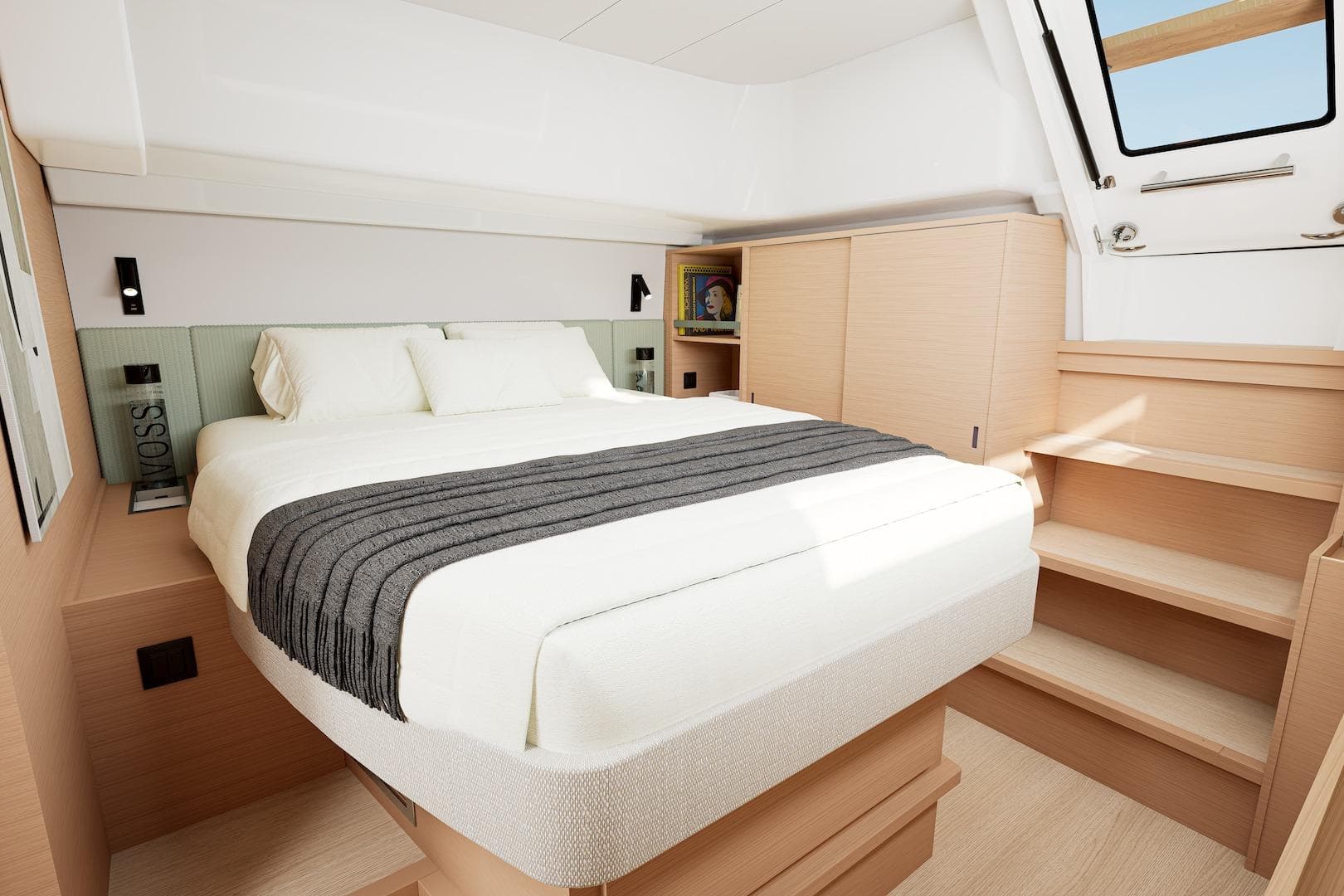 Luxurious bedroom interior of 2027 Lagoon 47 yacht with modern design and natural light.