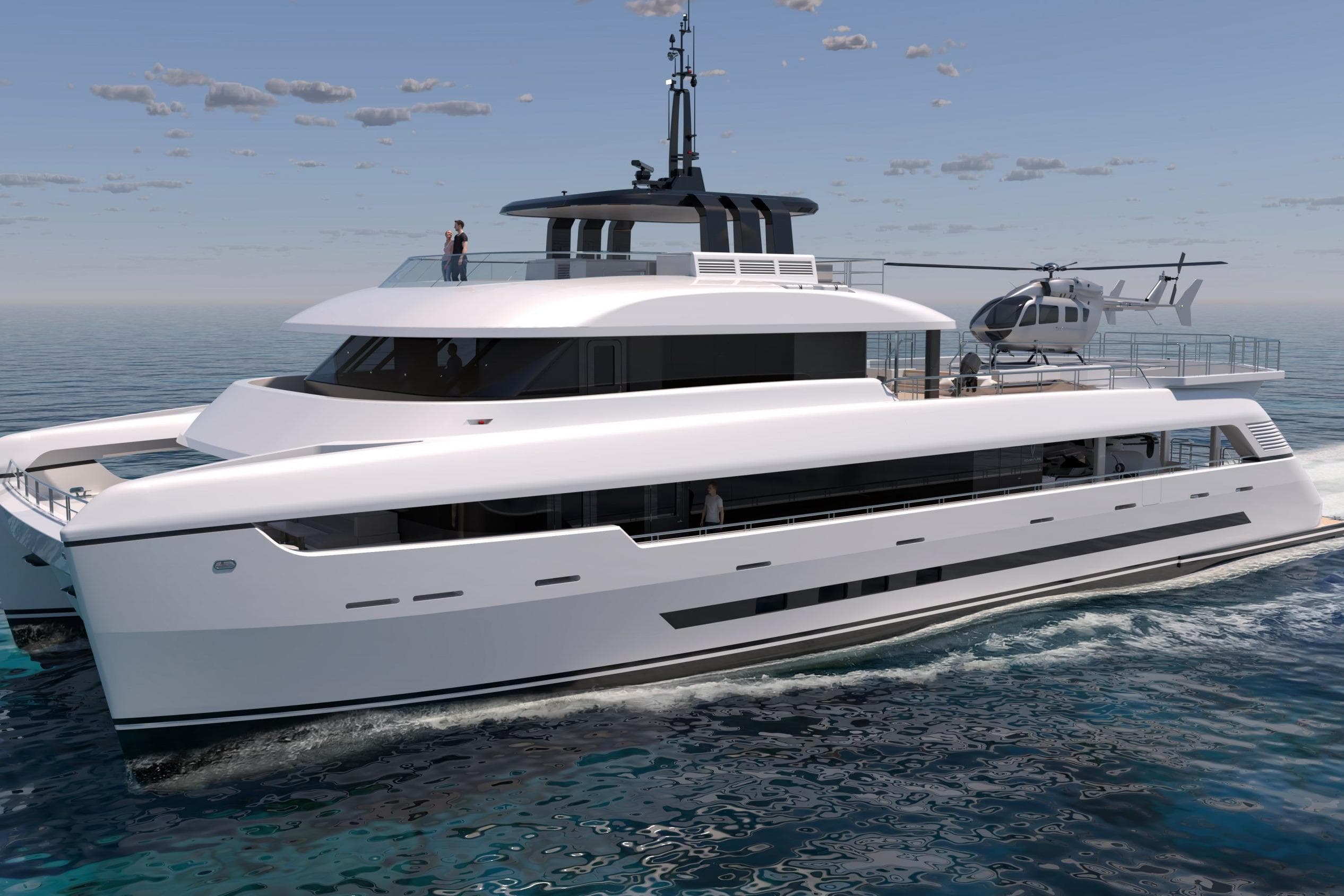 Luxury yacht Silver Adventure 39.5 with helicopter pad on the ocean.