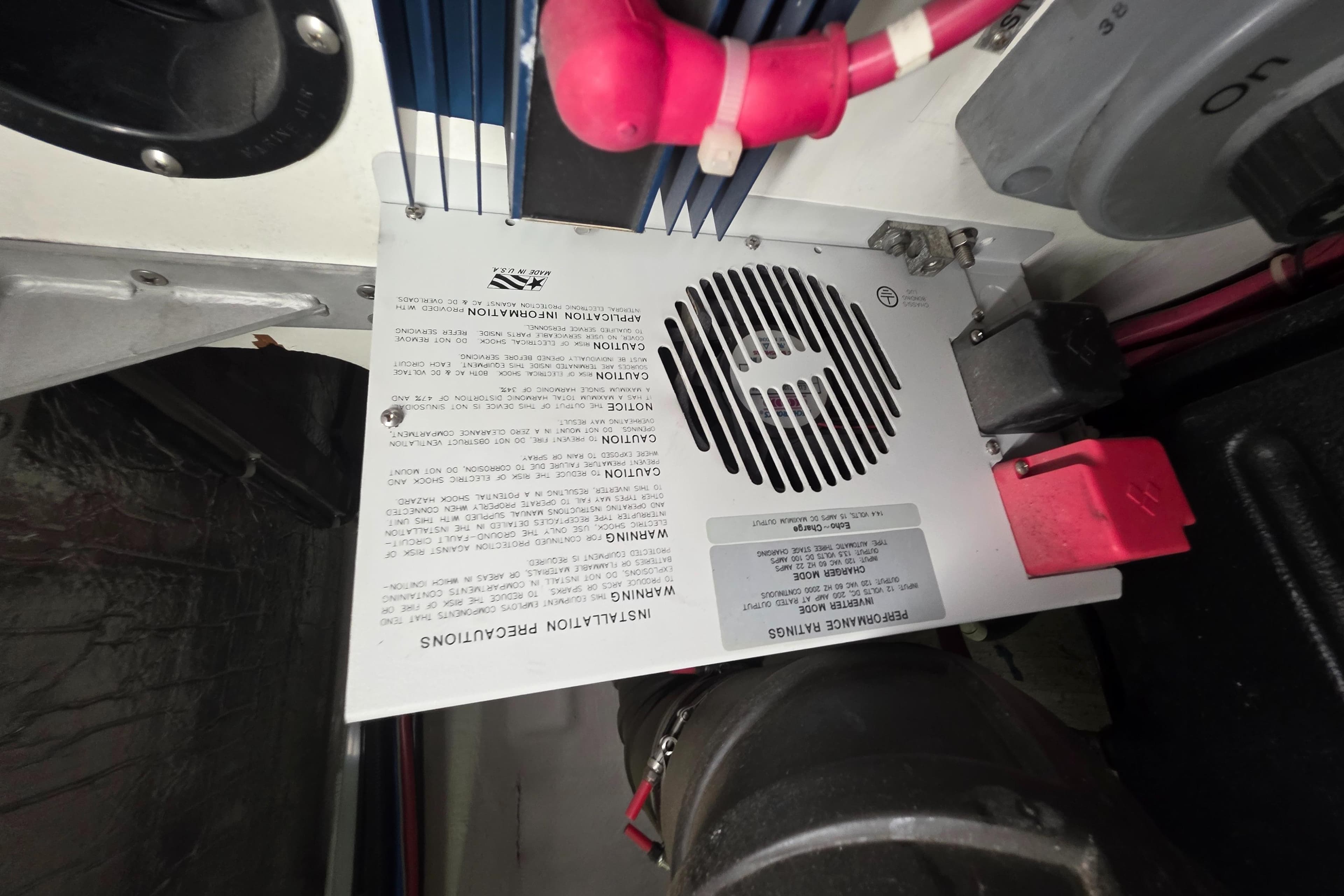 Engine compartment of 2000 Carver 450 Voyager Pilothouse with wiring and ventilation details.